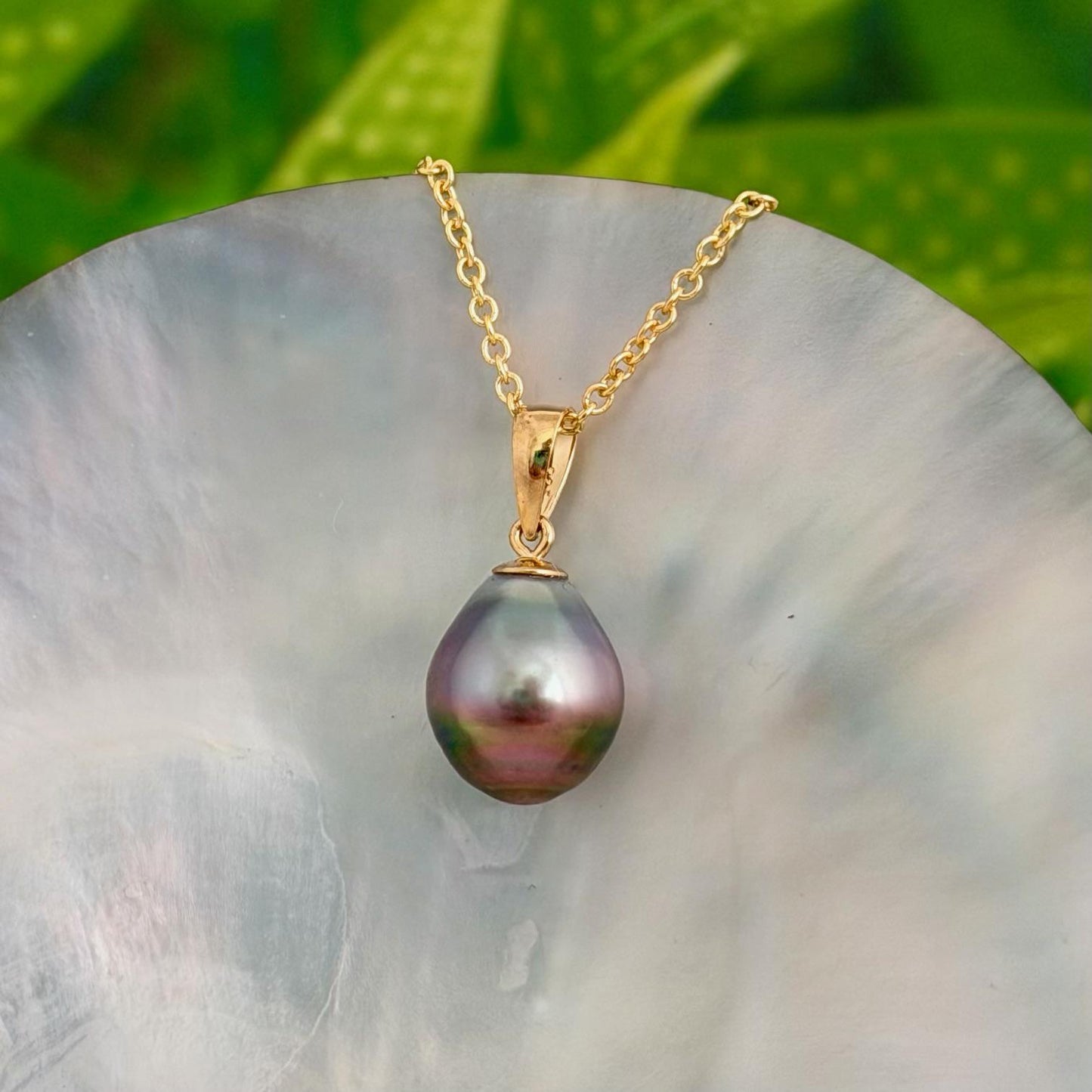 Tahitian Pearl Pendant • 10.5mm Pink Lavender Green • 14k Gold Vermeil • Minimalist Necklace.