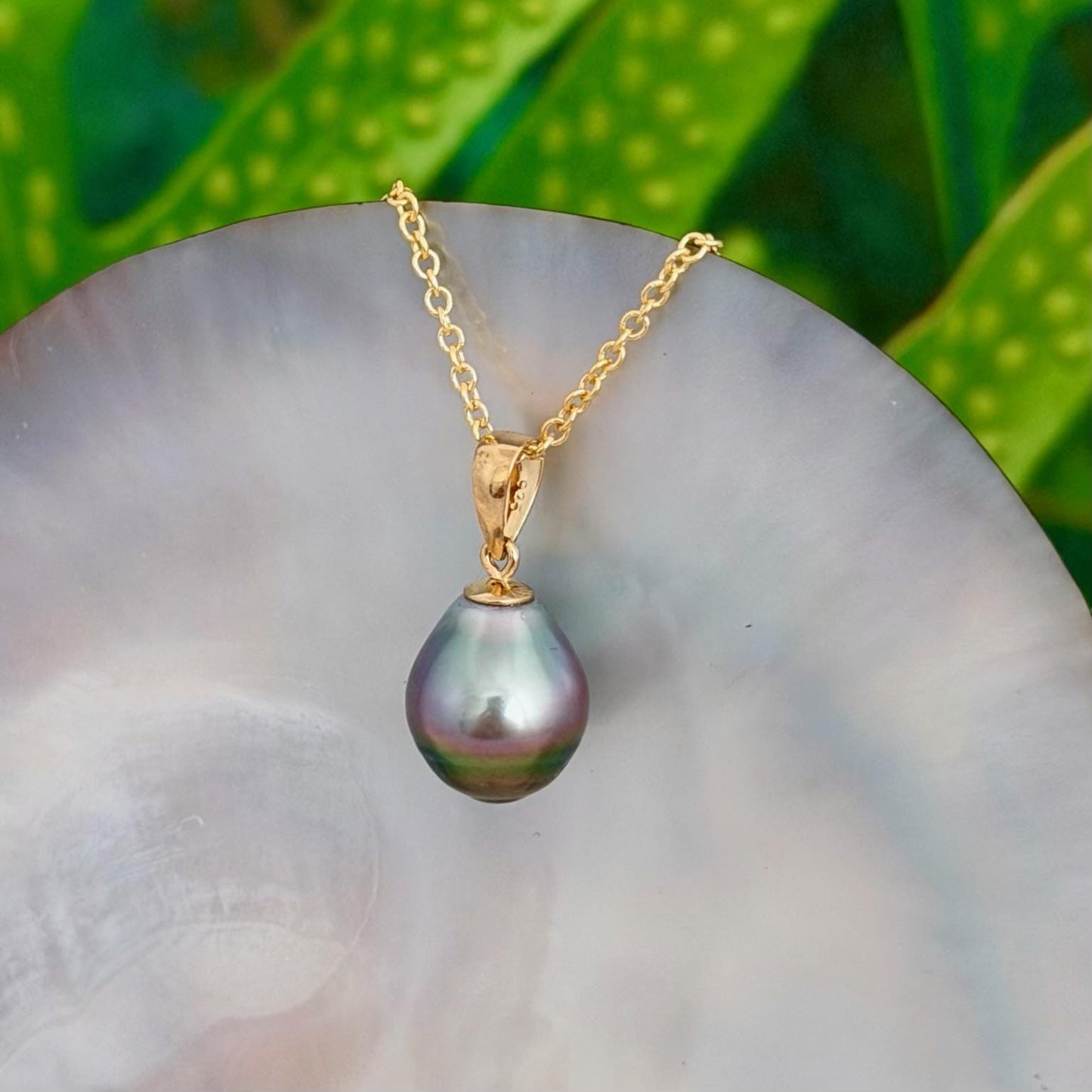 Tahitian Pearl Pendant • 10.5mm Pink Lavender Green • 14k Gold Vermeil • Minimalist Necklace.