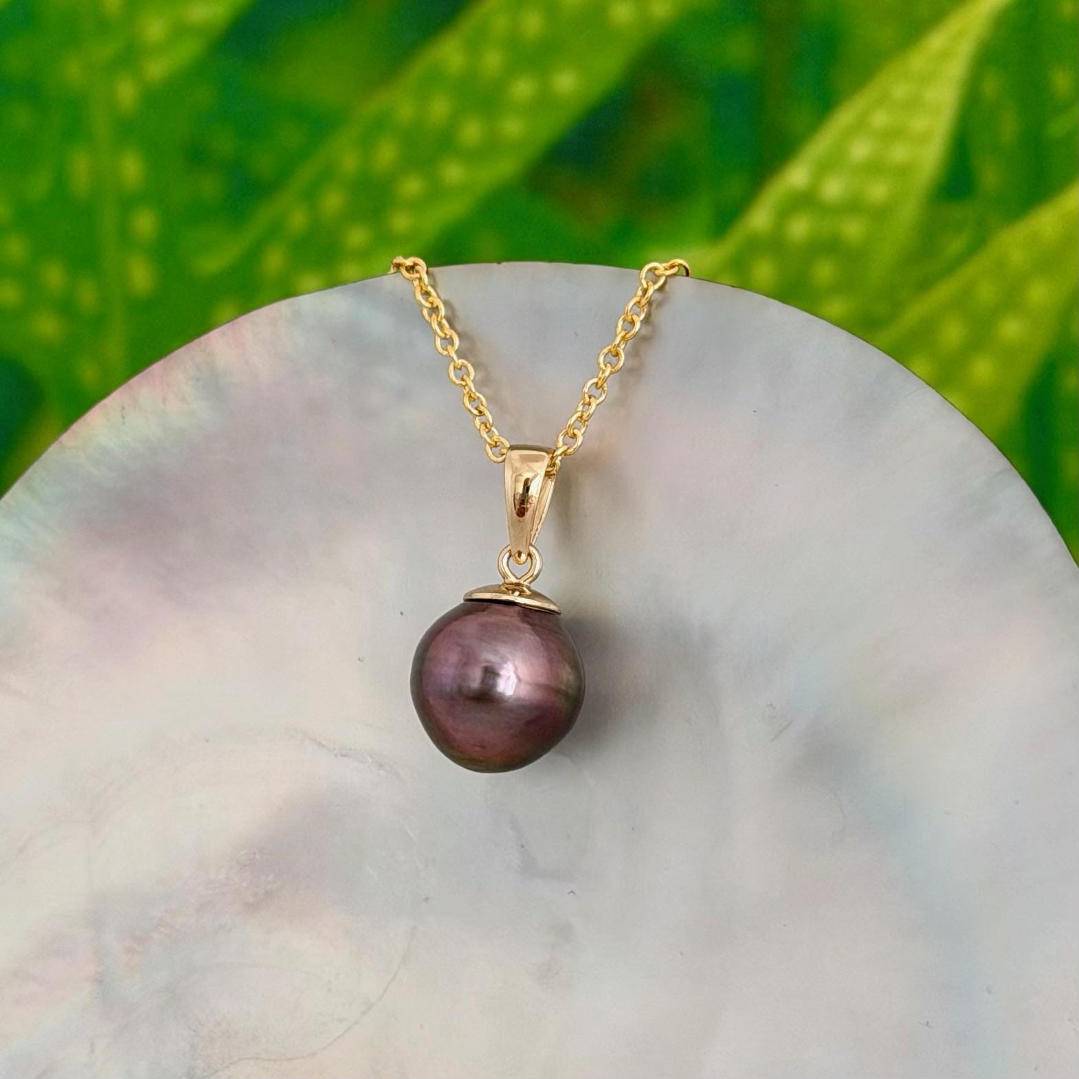 Tahitian Pearl Pendant : 10.6mm Dark Pink Red • 14k Gold Vermeil • ocean gem