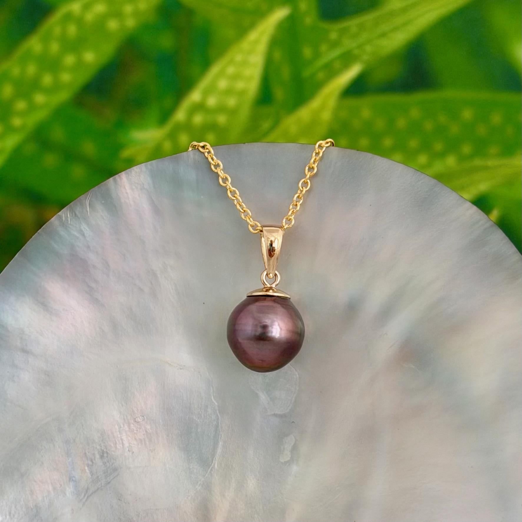 Tahitian Pearl Pendant : 10.6mm Dark Pink Red • 14k Gold Vermeil • ocean gem