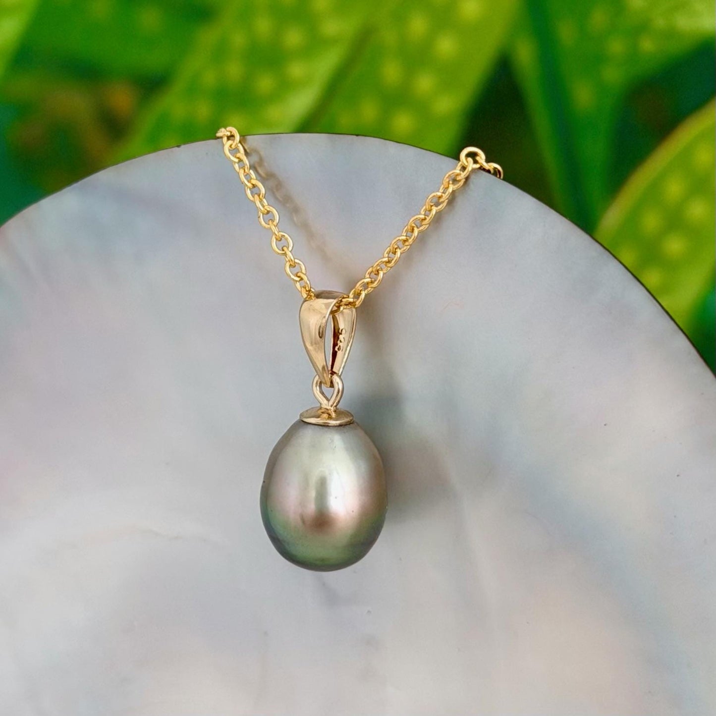 9.5mm Pistachio Green Tahitian Pearl Pendant • 14k Gold Vermeil • Minimalist Necklace, Colorful Overtone
