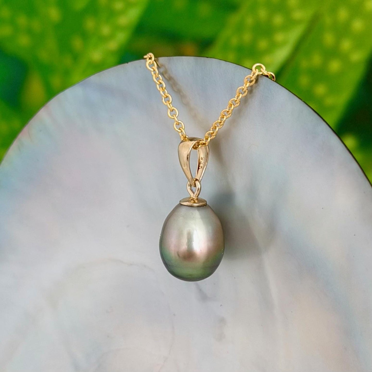 9.5mm Pistachio Green Tahitian Pearl Pendant • 14k Gold Vermeil • Minimalist Necklace, Colorful Overtone