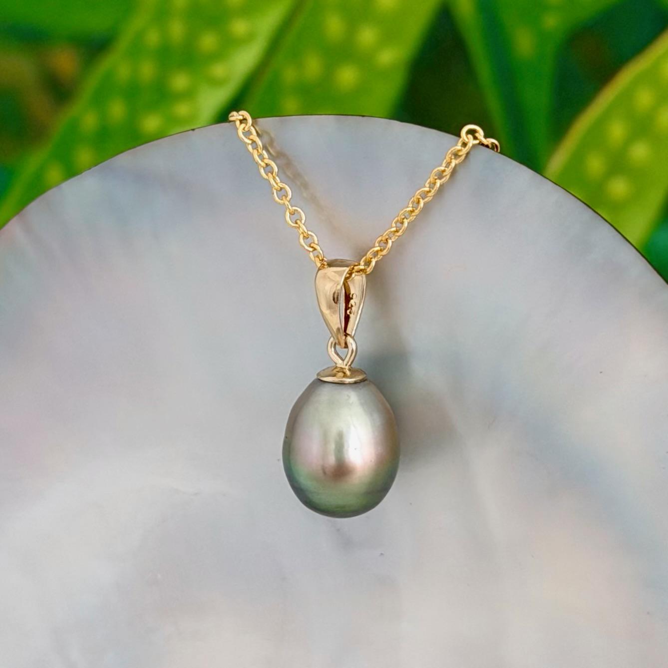 9.5mm Pistachio Green Tahitian Pearl Pendant • 14k Gold Vermeil • Minimalist Necklace, Colorful Overtone