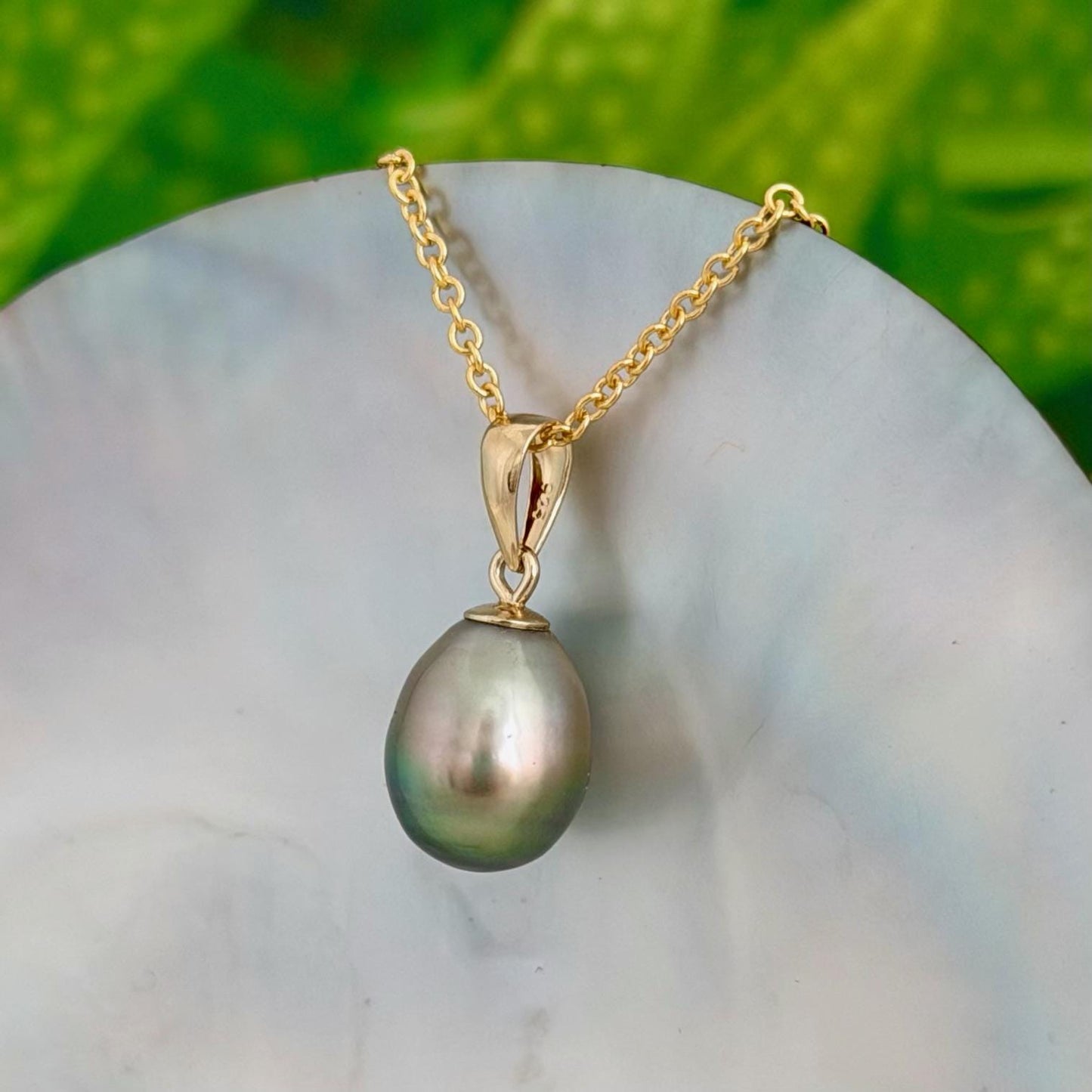 9.5mm Pistachio Green Tahitian Pearl Pendant • 14k Gold Vermeil • Minimalist Necklace, Colorful Overtone