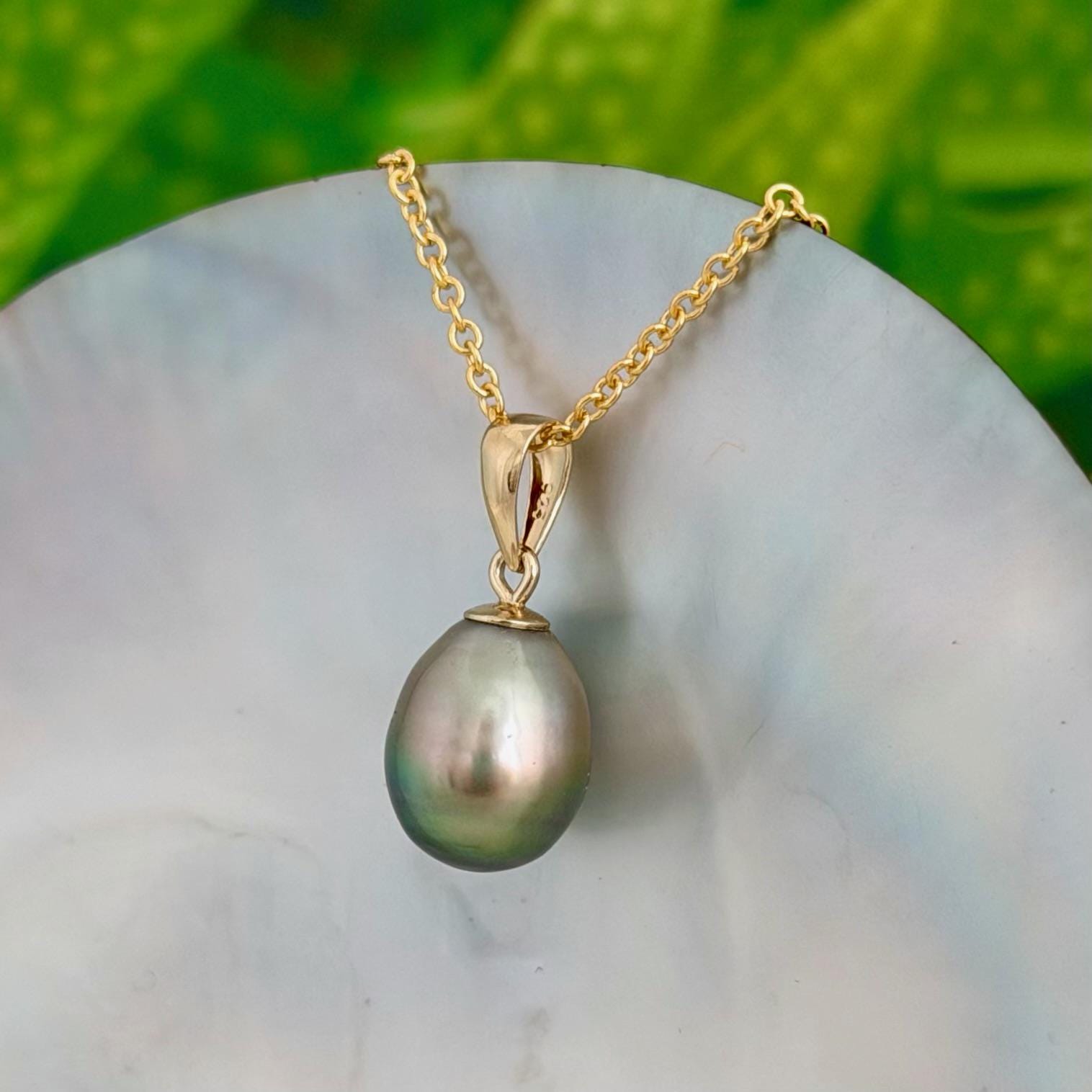 9.5mm Pistachio Green Tahitian Pearl Pendant • 14k Gold Vermeil • Minimalist Necklace, Colorful Overtone