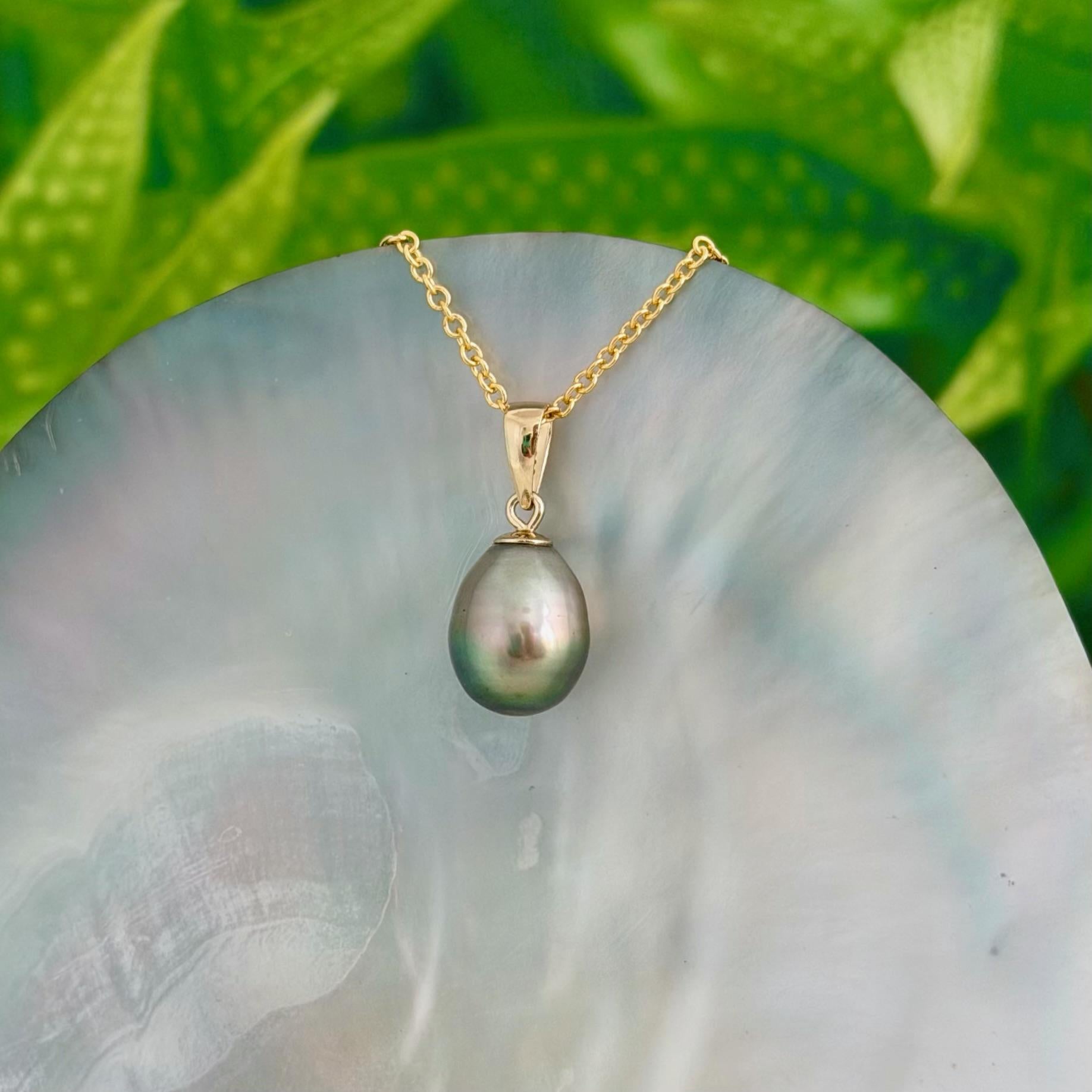 9.5mm Pistachio Green Tahitian Pearl Pendant • 14k Gold Vermeil • Minimalist Necklace, Colorful Overtone
