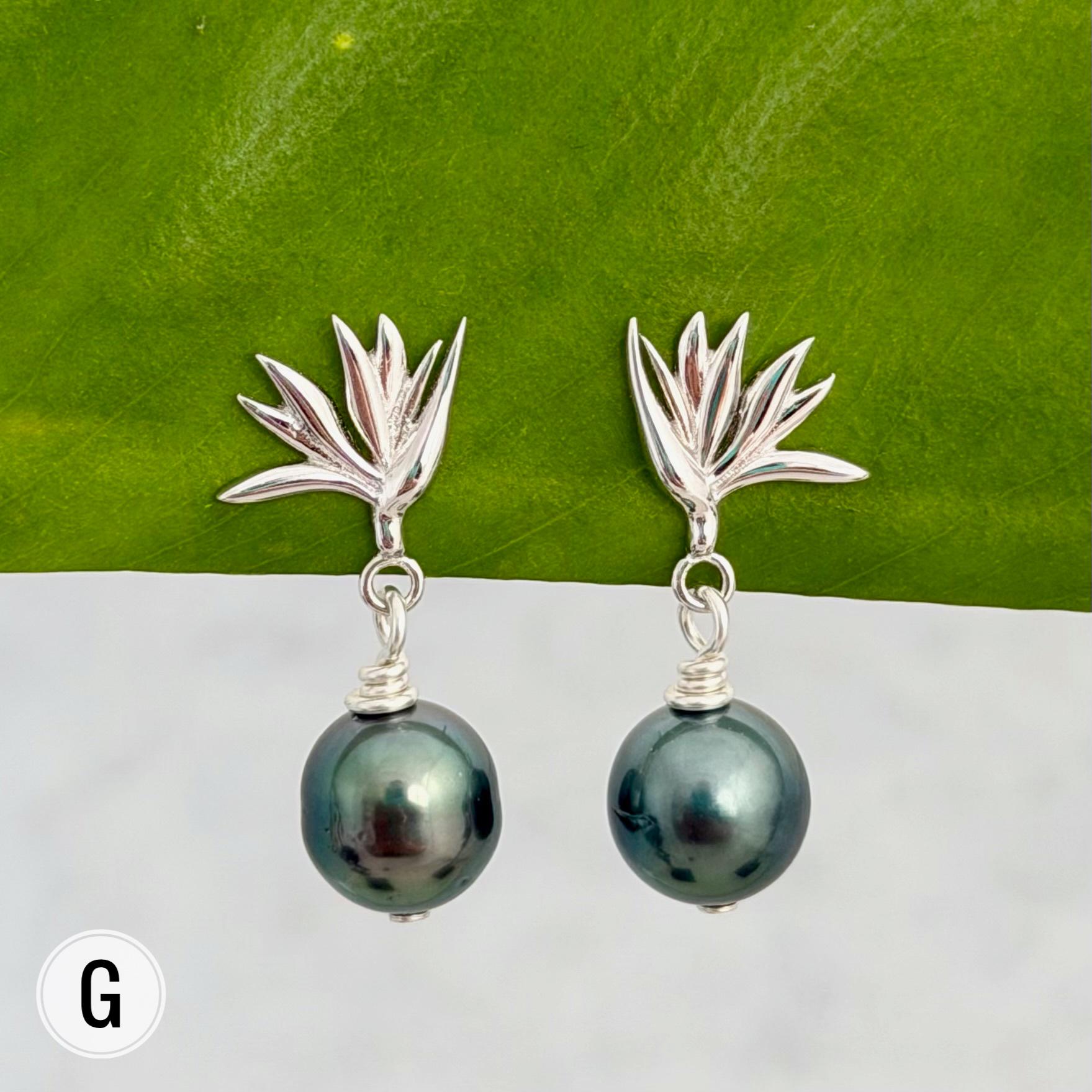 Tahitian Pearl Earrings • Bird of Paradise Studs • Hawaiian Jewelry Gift • Sterling silver