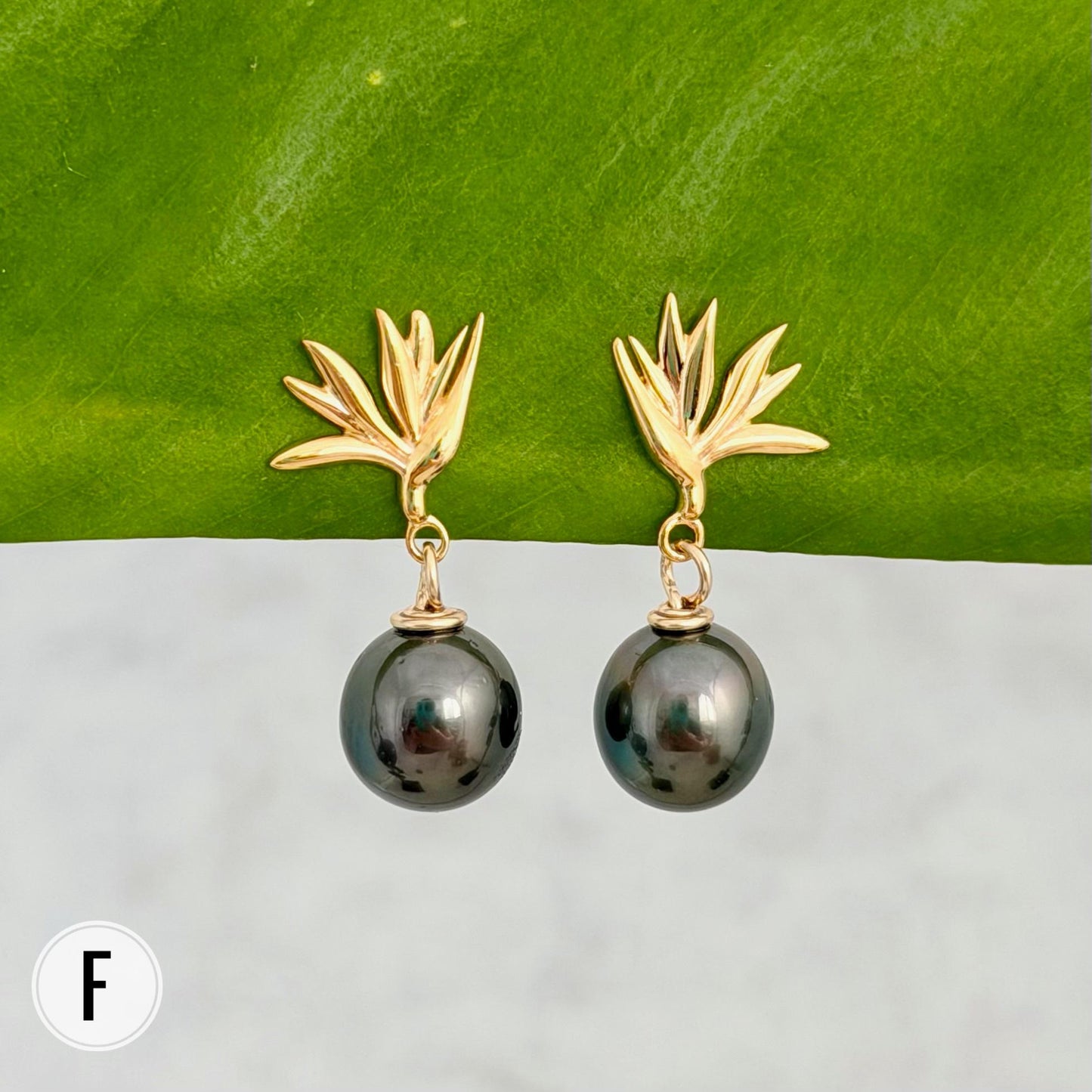 Tahitian Pearl Earrings • Gold Bird of Paradise Studs • Hawaiian Jewelry Gift