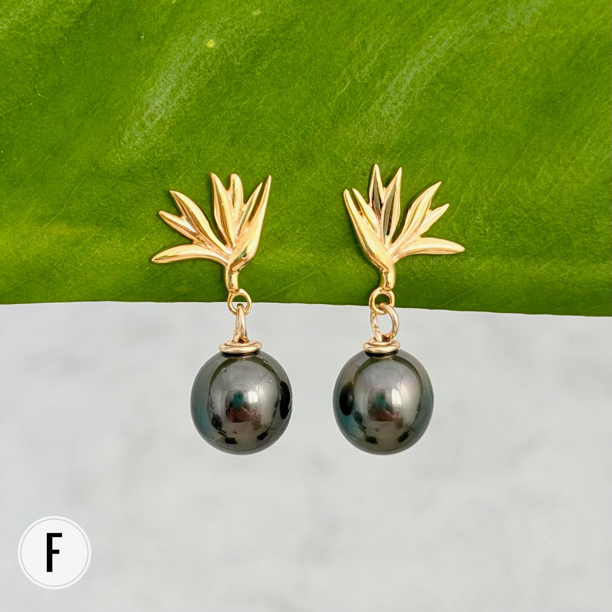 Tahitian Pearl Earrings • Gold Bird of Paradise Studs • Hawaiian Jewelry Gift