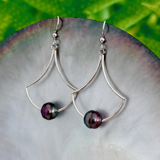 DOORBUSTER Tahitian black pearl Fan earrings • Dangle sterling silver jewelry