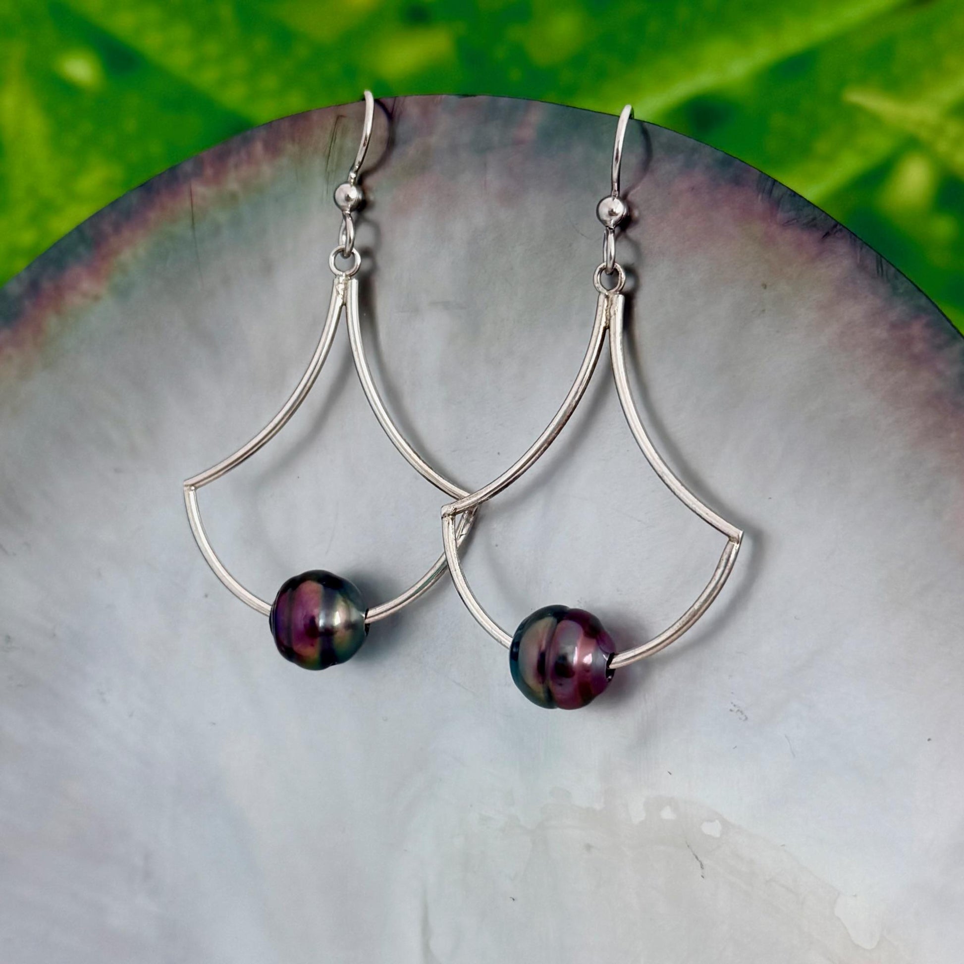 DOORBUSTER Tahitian black pearl Fan earrings • Dangle sterling silver jewelry