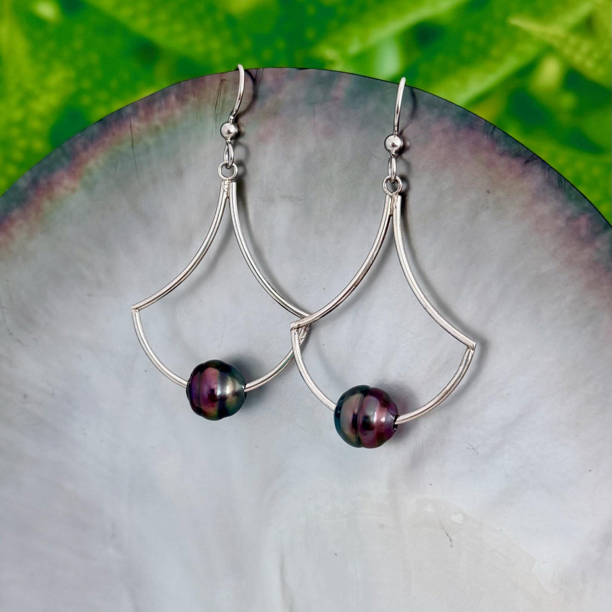 DOORBUSTER Tahitian black pearl Fan earrings • Dangle sterling silver jewelry