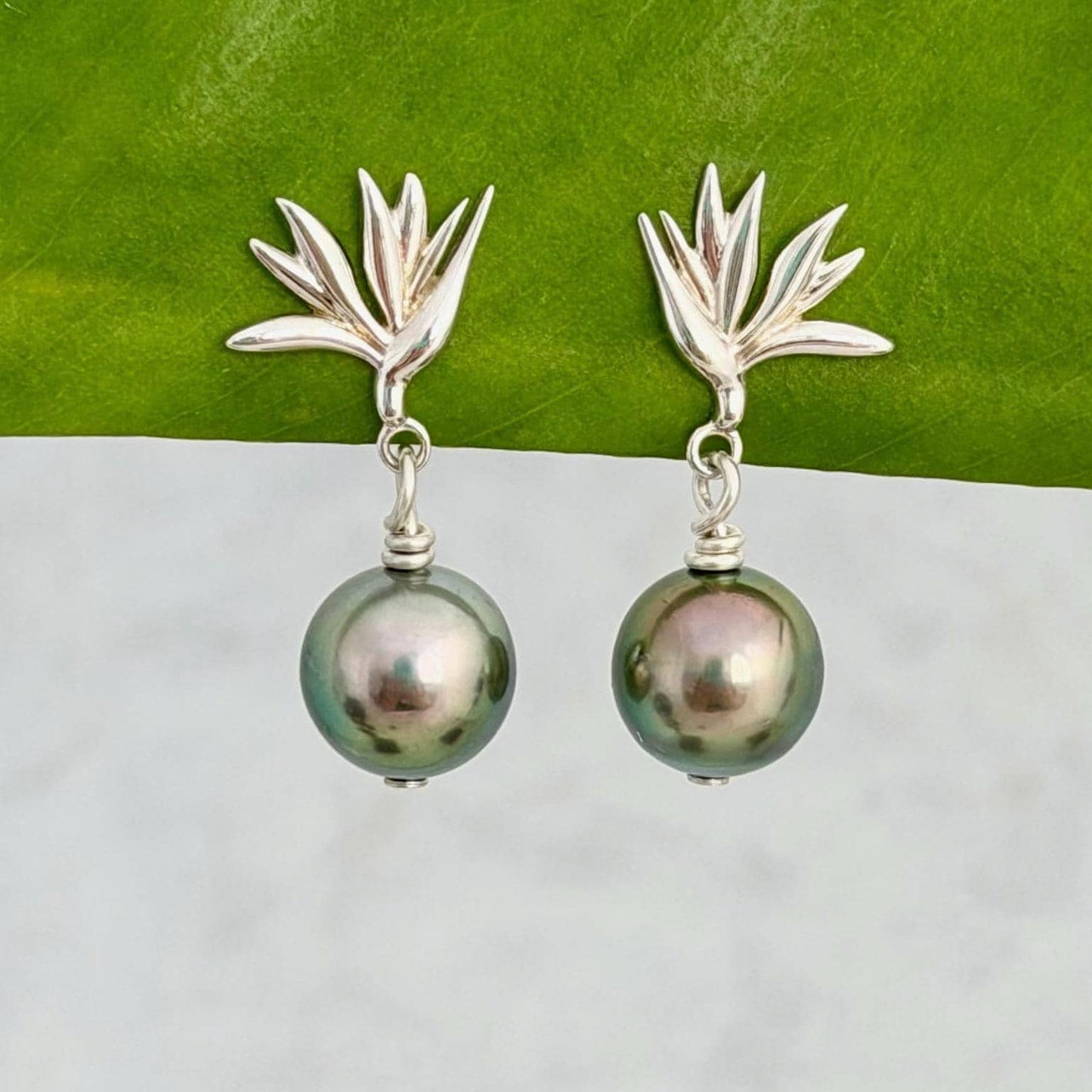 bird of paradise stud earrings with tahitian black pearls, in sterling silver