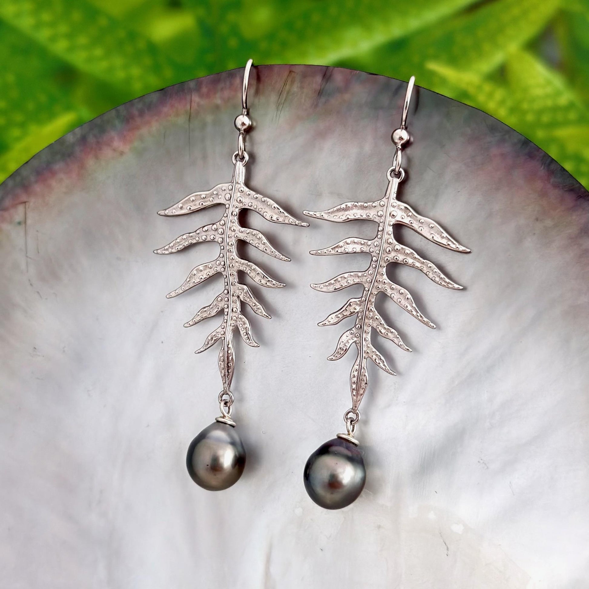 Laua’e Dangle Earrings • Tahitian pearl jewelry • Sterling silver
