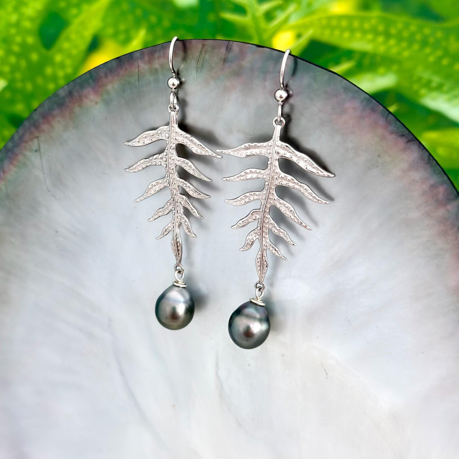 Laua’e Dangle Earrings • Tahitian pearl jewelry • Sterling silver