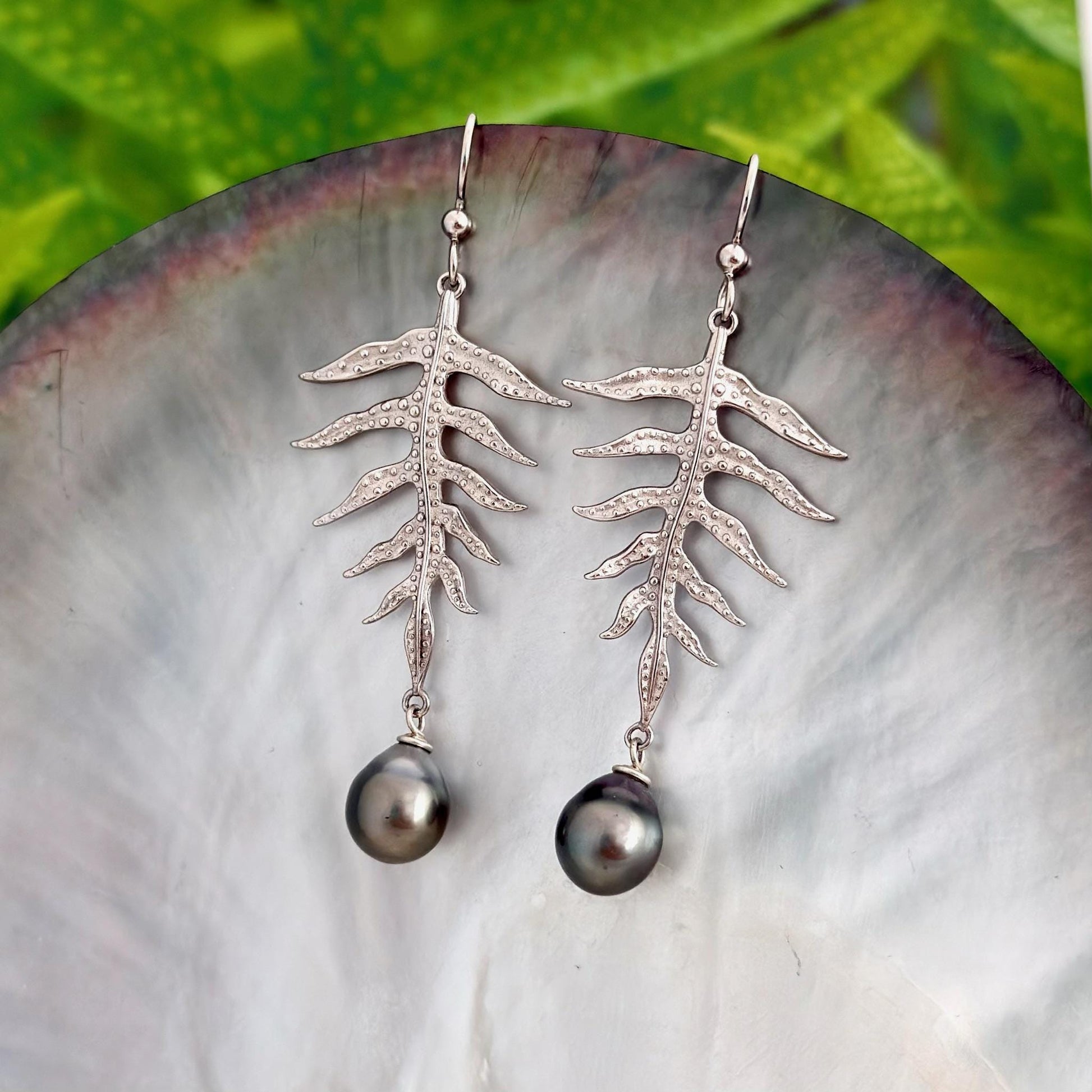Laua’e Dangle Earrings • Tahitian pearl jewelry • Sterling silver