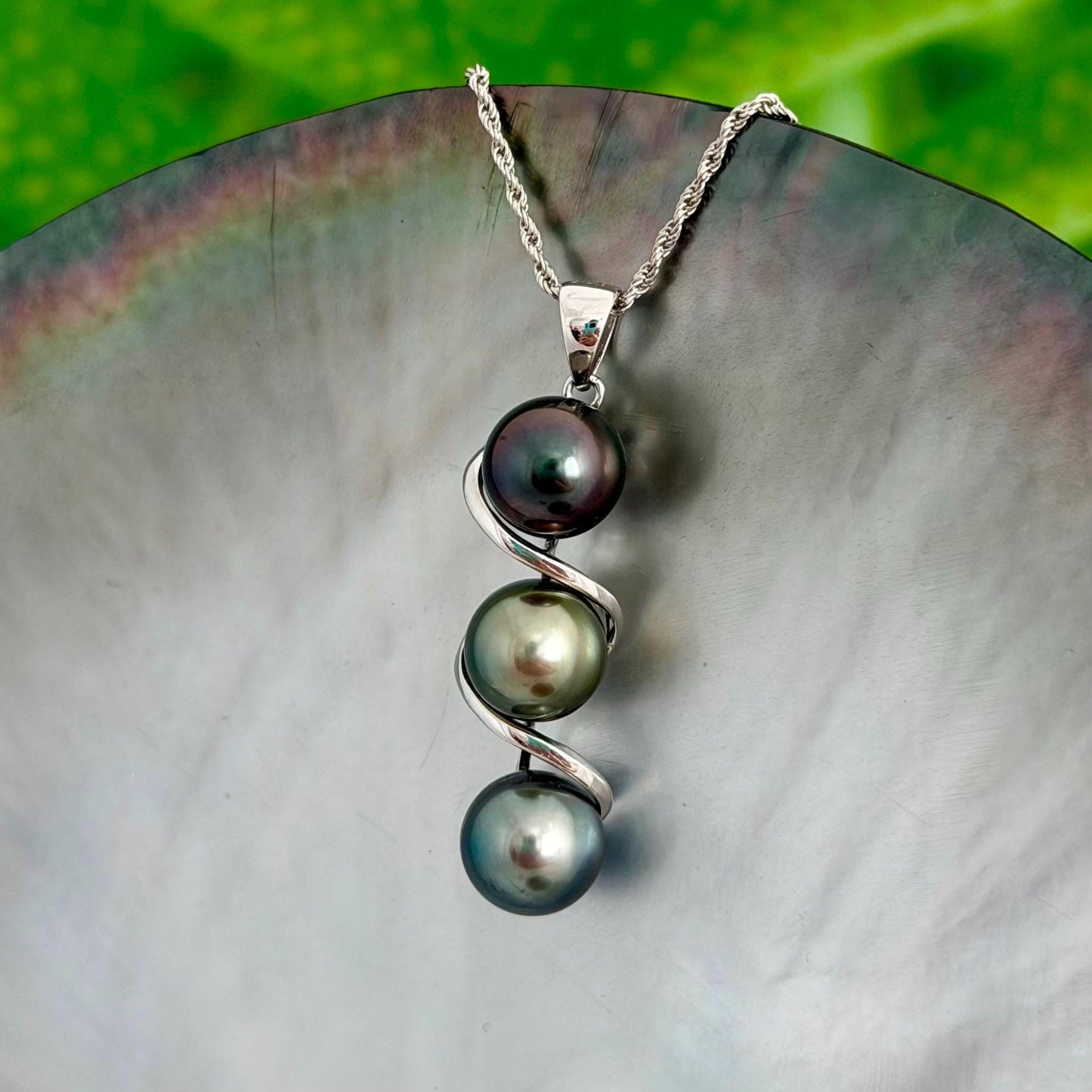Tahitian pearl pendant • Triple drop jewelry design • Sterling silver swirl setting