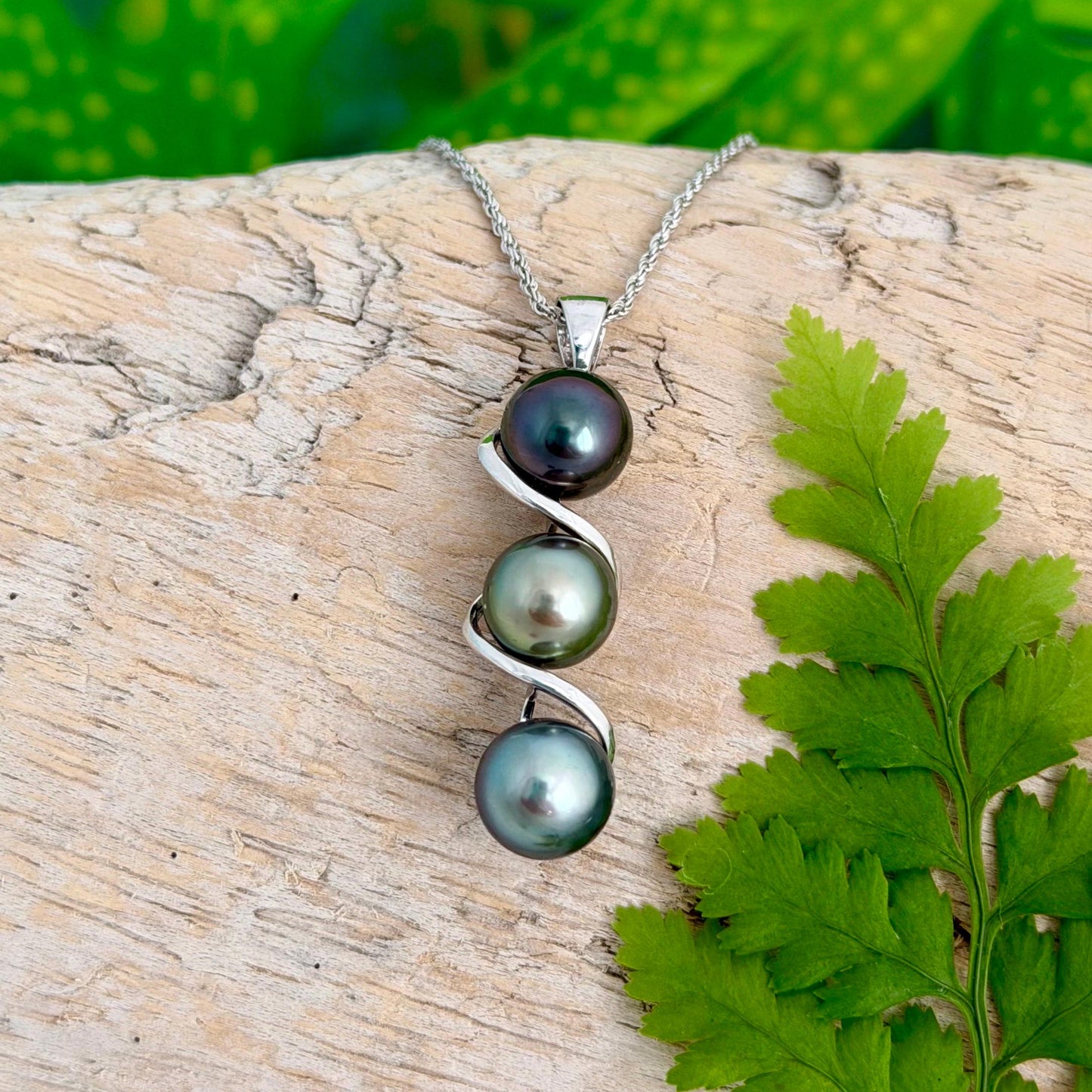 Tahitian pearl pendant • Triple drop jewelry design • Sterling silver swirl setting