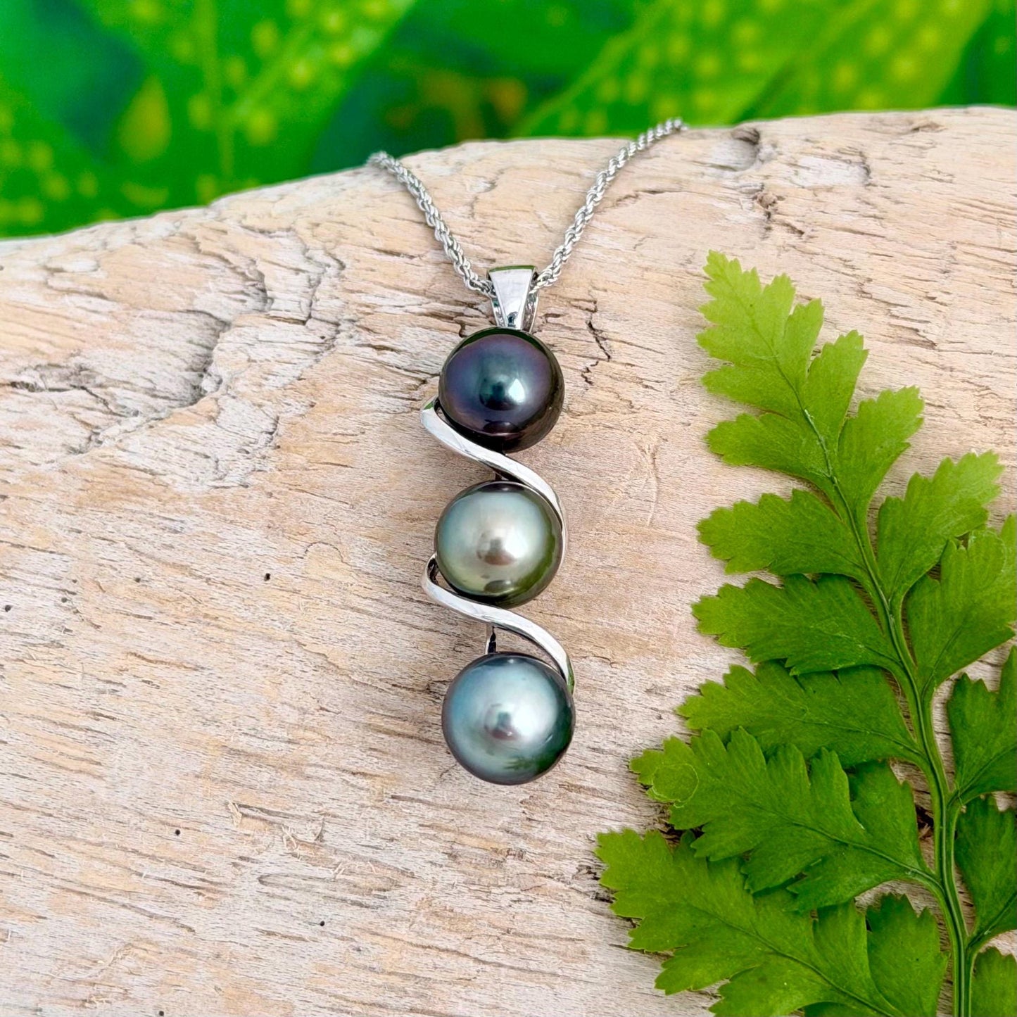 Tahitian pearl pendant • Triple drop jewelry design • Sterling silver swirl setting
