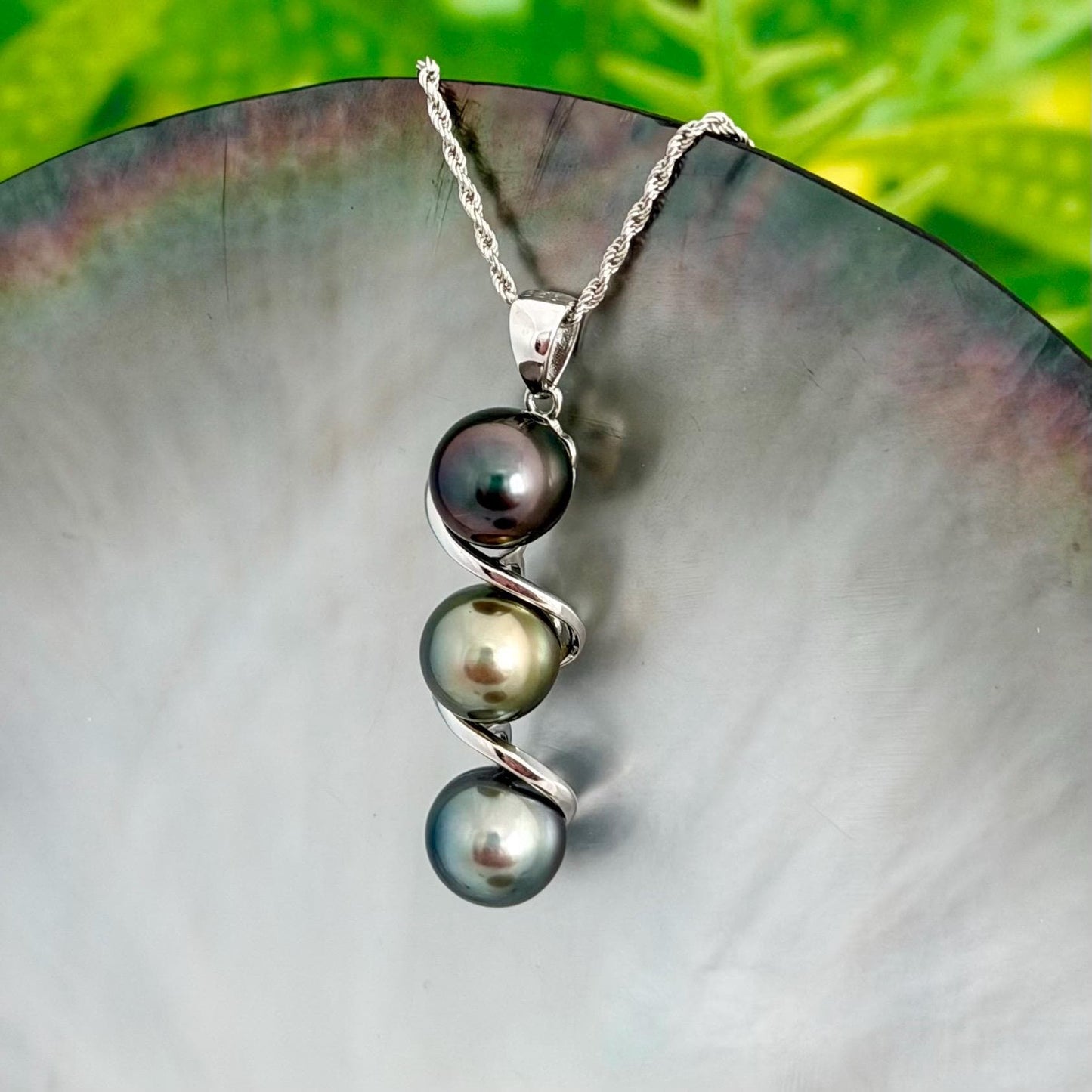 Tahitian pearl pendant • Triple drop jewelry design • Sterling silver swirl setting