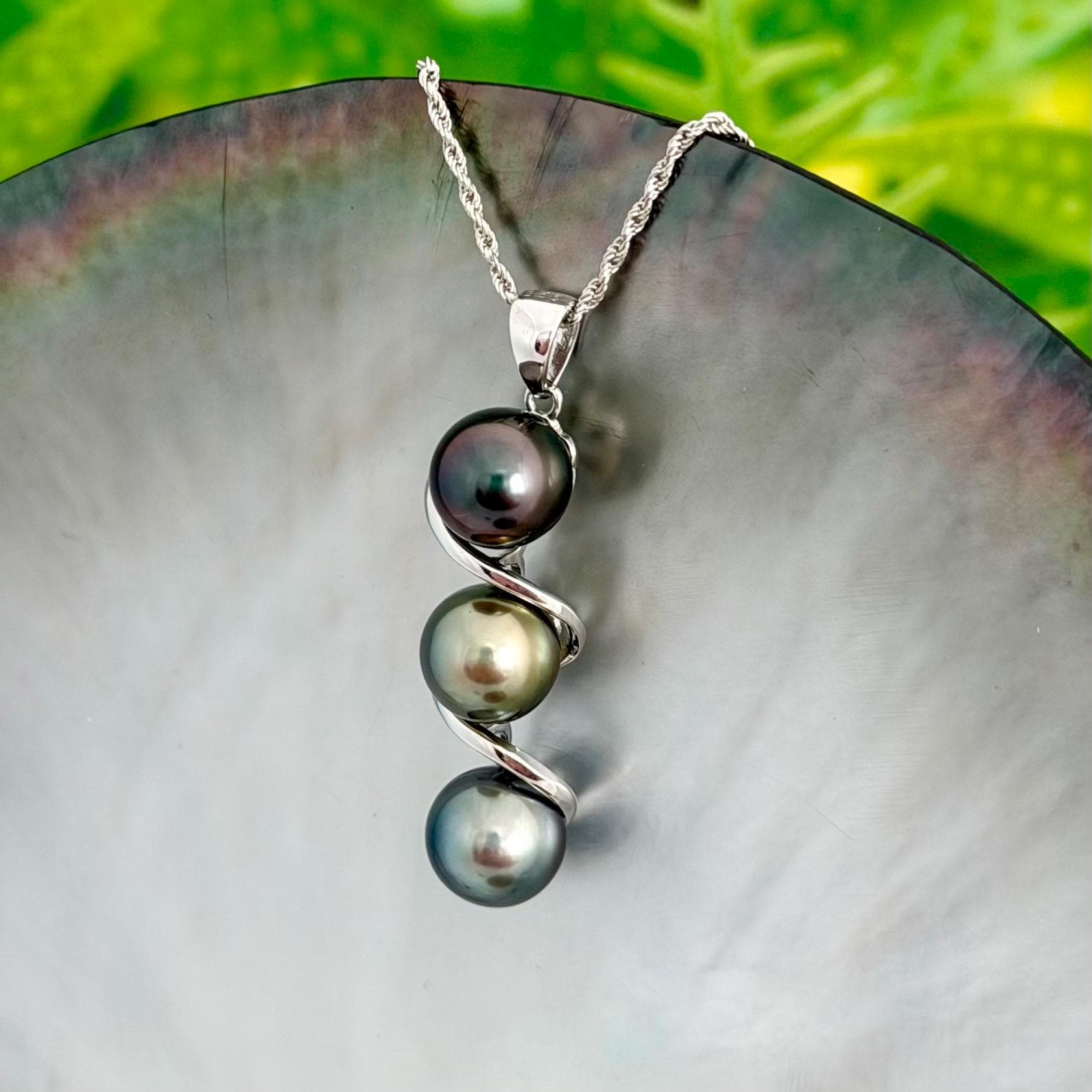 Tahitian pearl pendant • Triple drop jewelry design • Sterling silver swirl setting