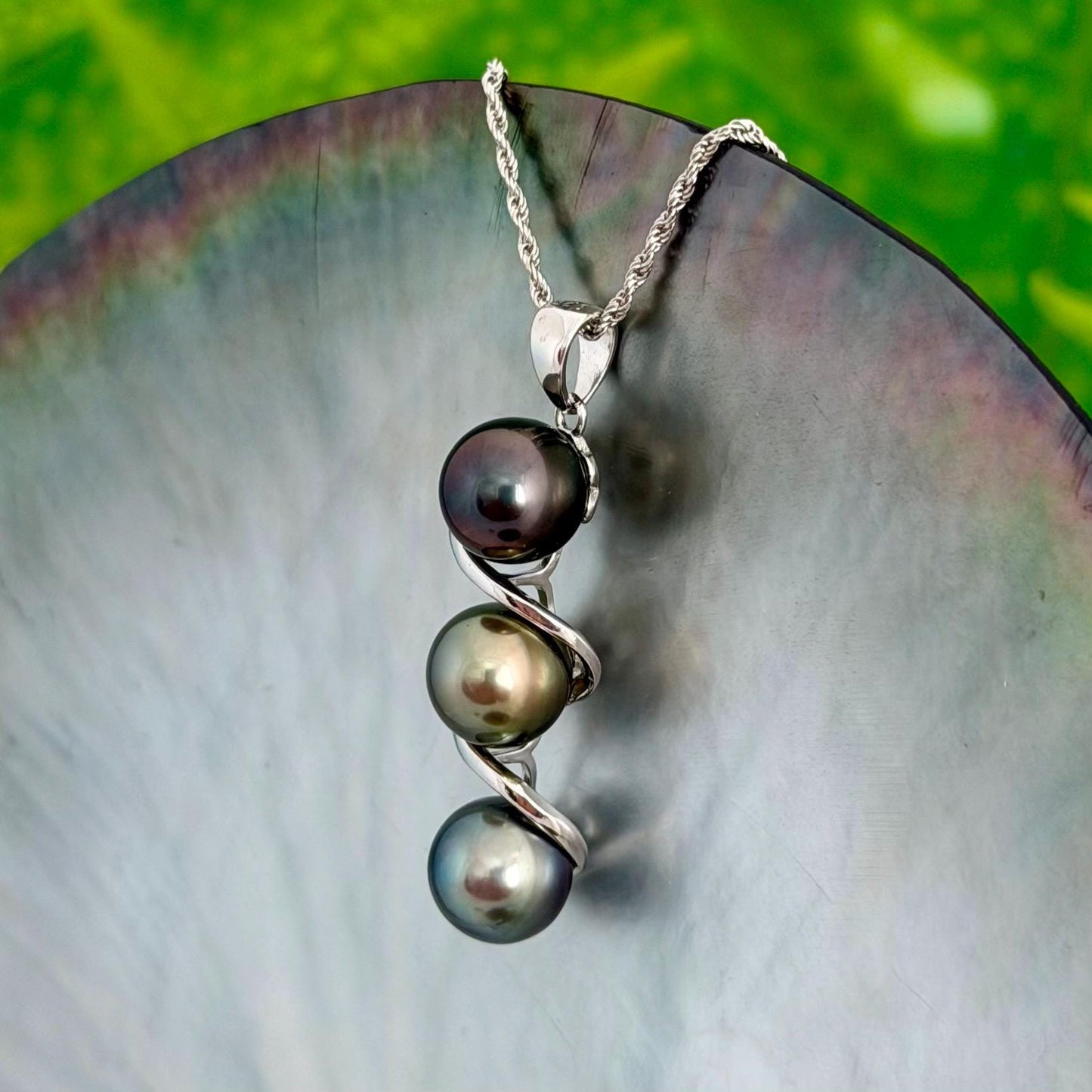Tahitian pearl pendant • Triple drop jewelry design • Sterling silver swirl setting