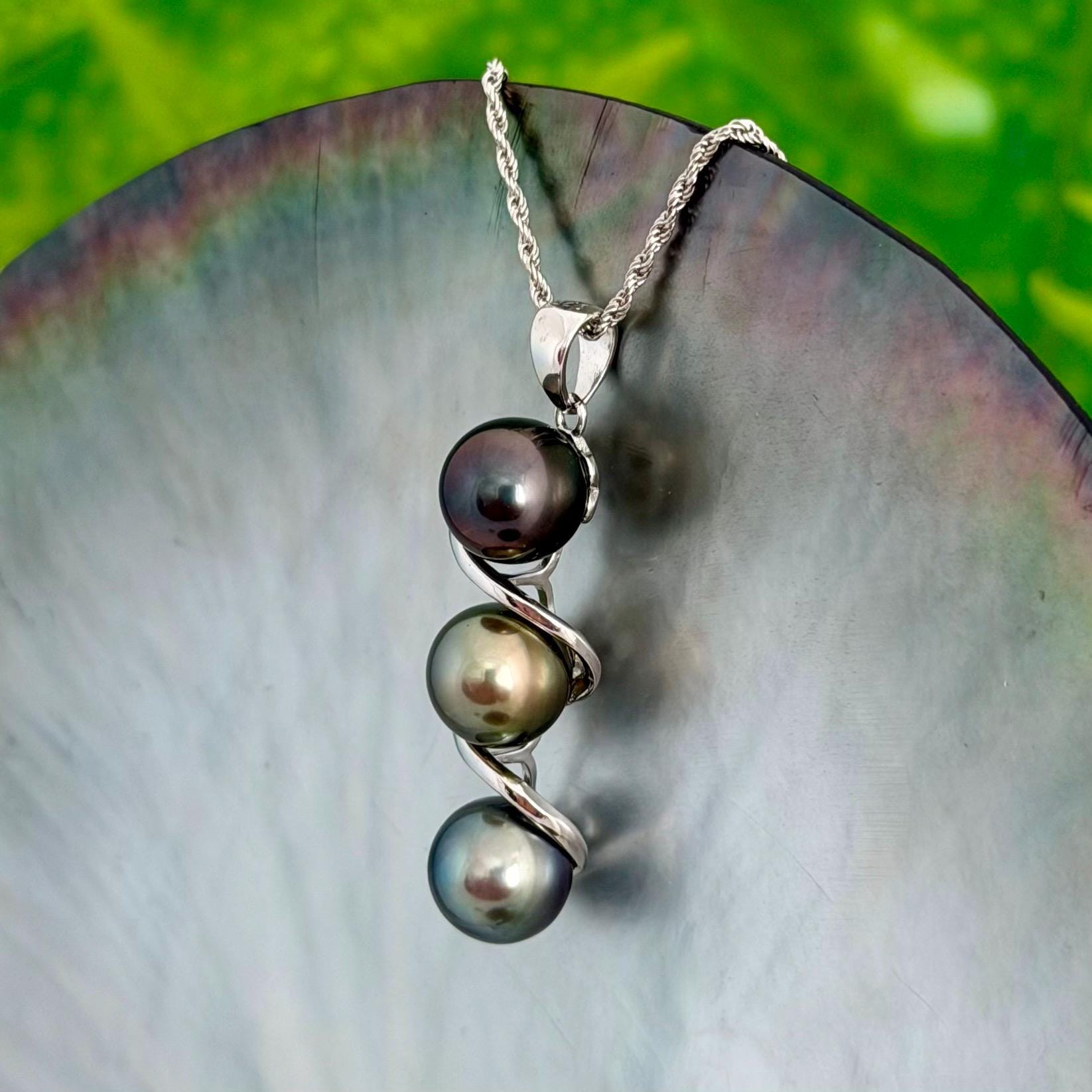 Tahitian pearl pendant • Triple drop jewelry design • Sterling silver swirl setting