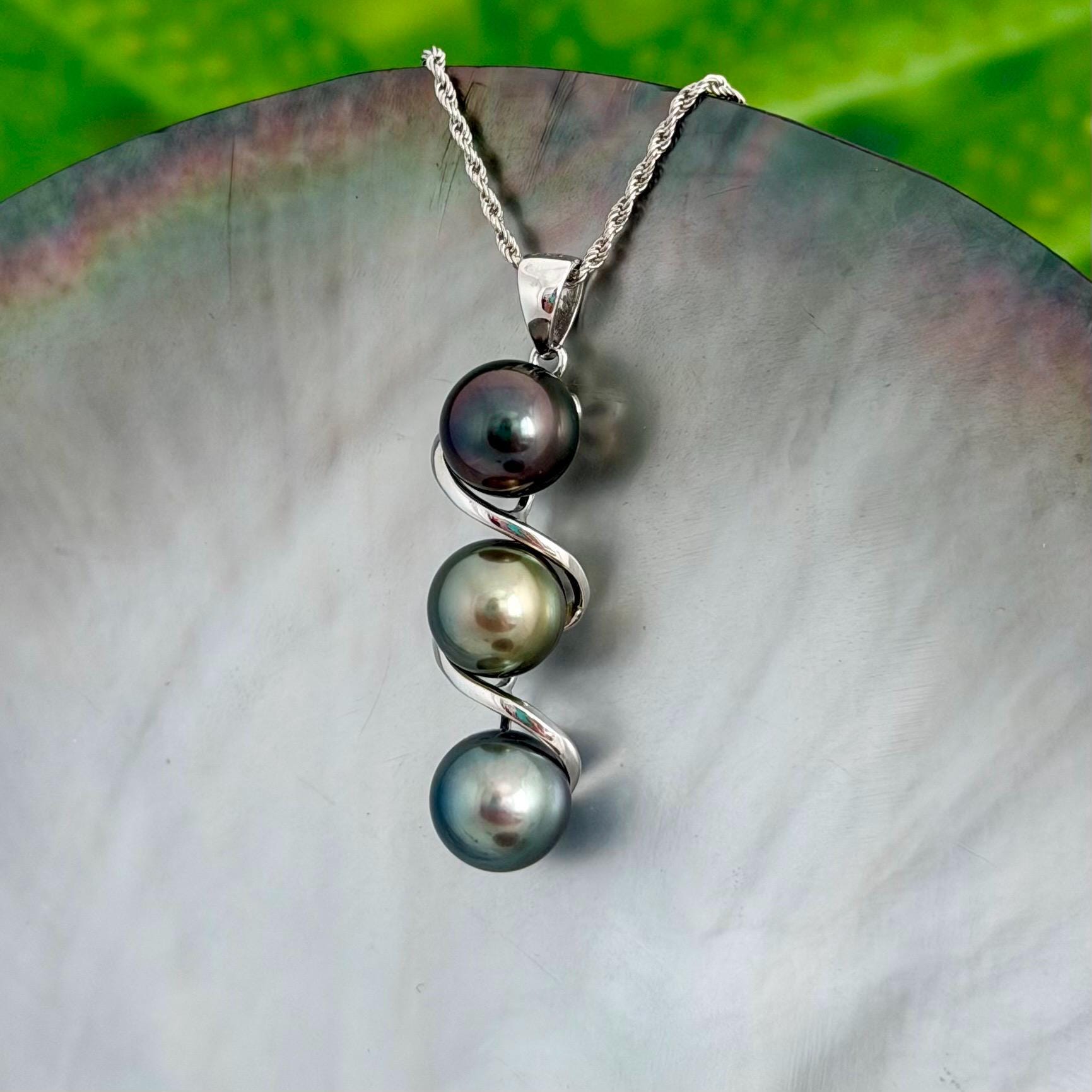 Tahitian pearl pendant • Triple drop jewelry design • Sterling silver swirl setting