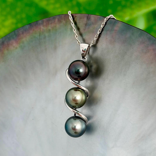 Tahitian pearl pendant • Triple drop jewelry design • Sterling silver swirl setting