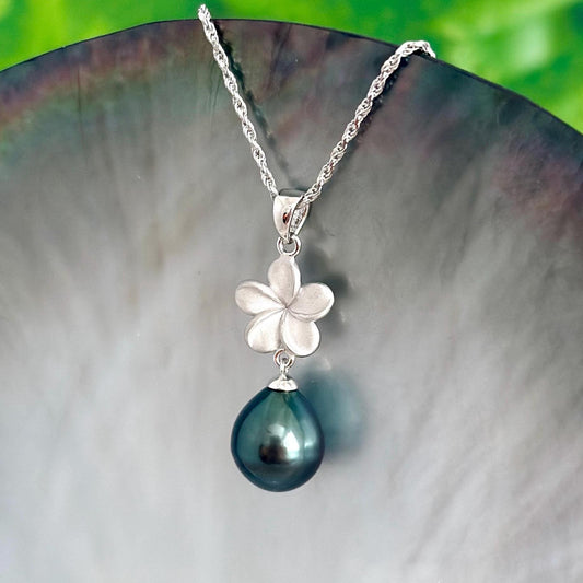 Tahitian pearl pendant • Plumeria necklace • Sterling silver Jewelry