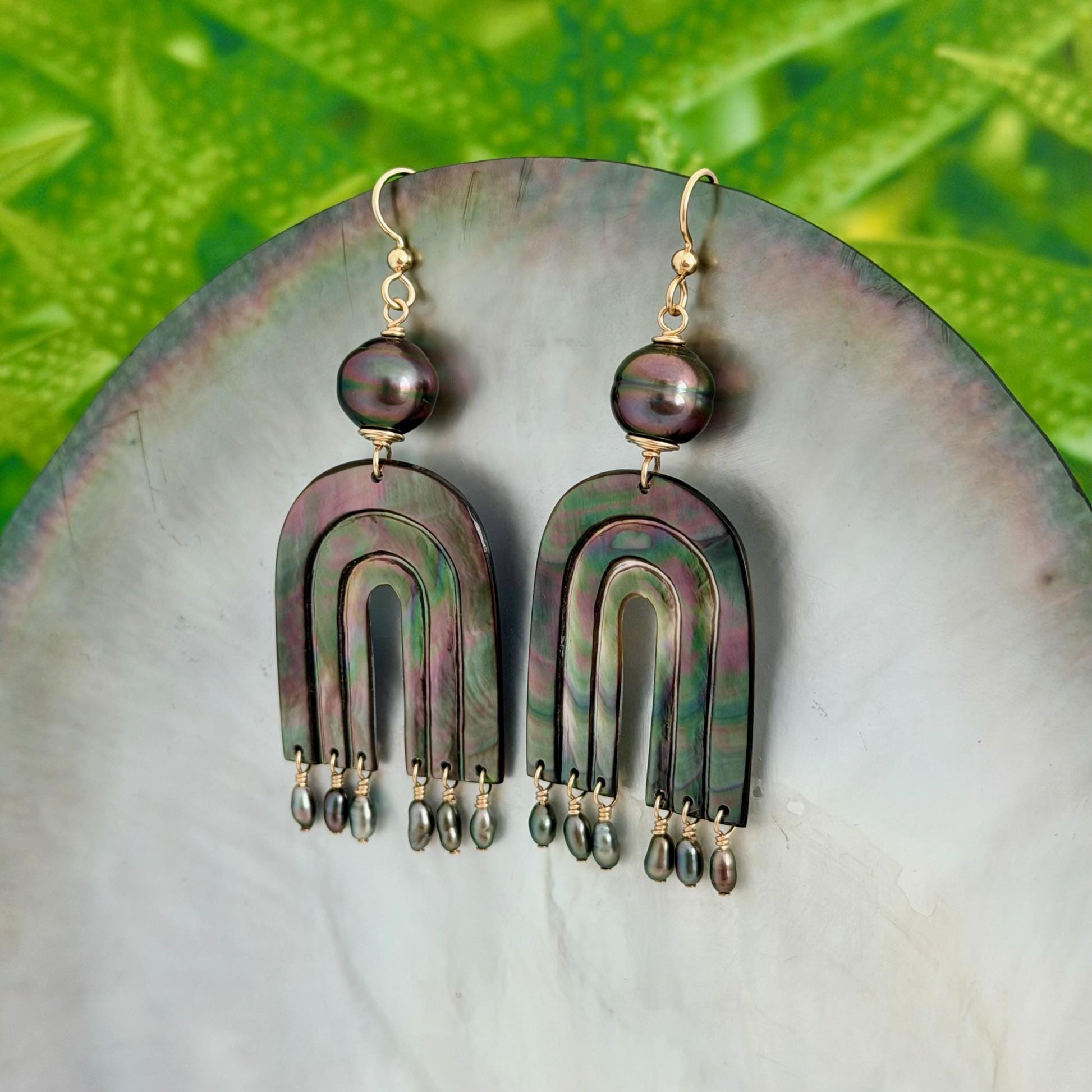 Tahitian pearl earrings • Hand carved rainbow • Morher of pearl shell • Keshi accents