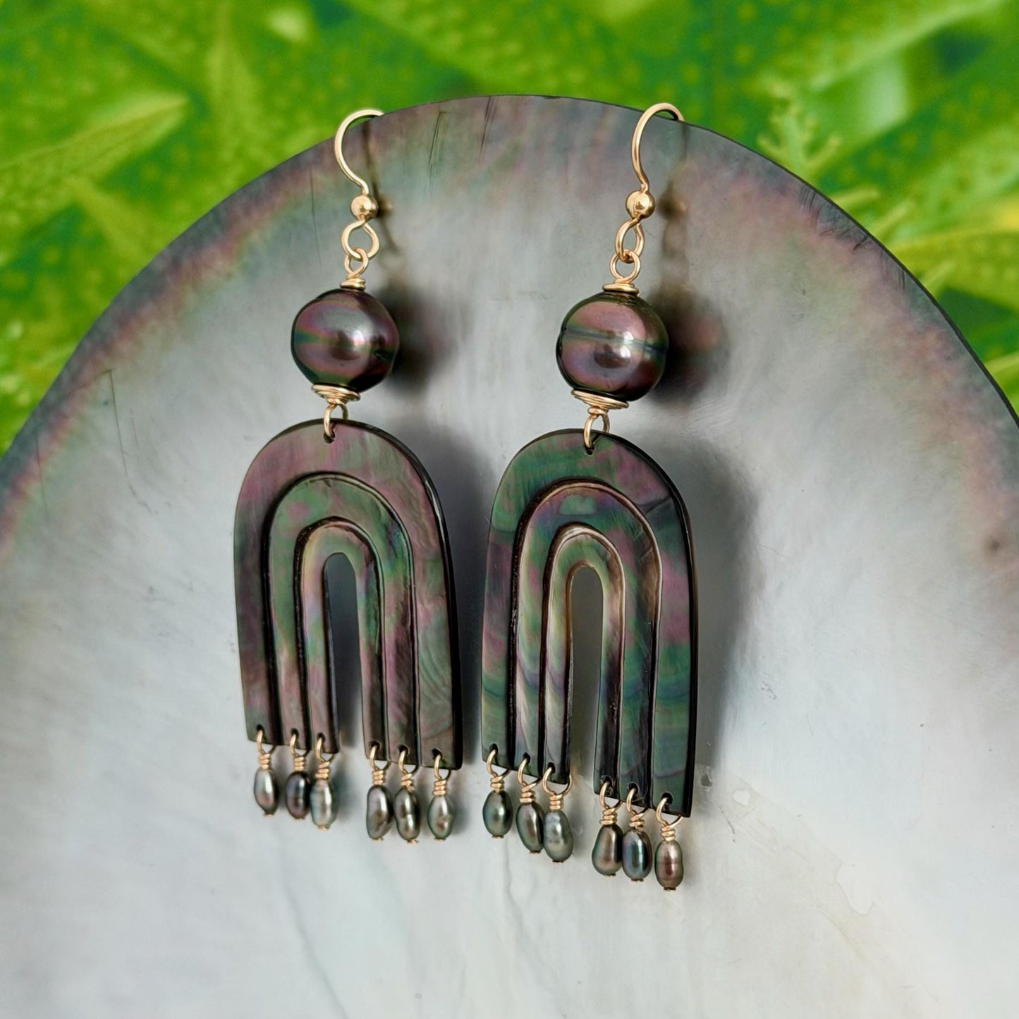 Tahitian pearl earrings • Hand carved rainbow • Morher of pearl shell • Keshi accents
