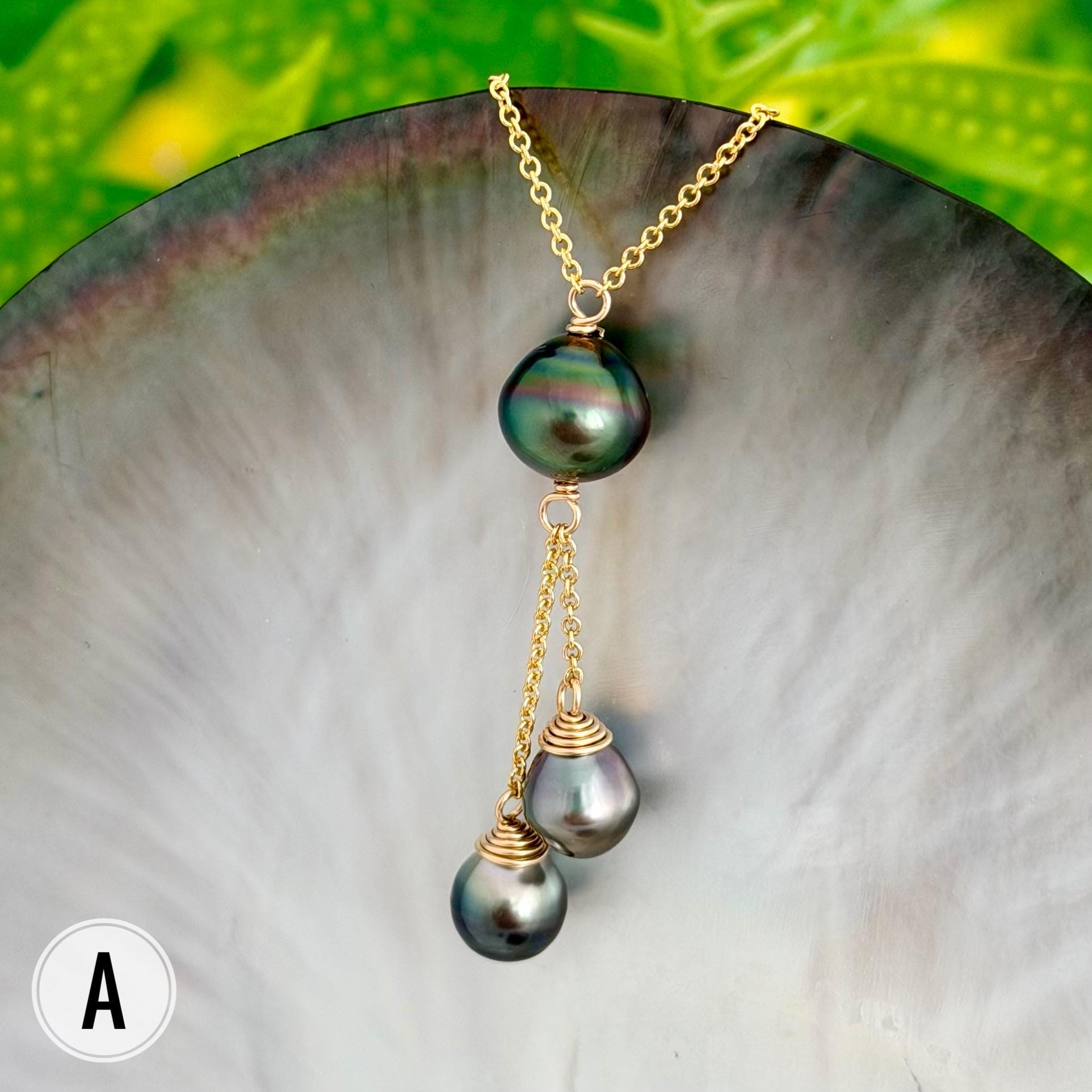 Multicolor Triple dangle Tahitian pearl necklace • Gold filled jewelry