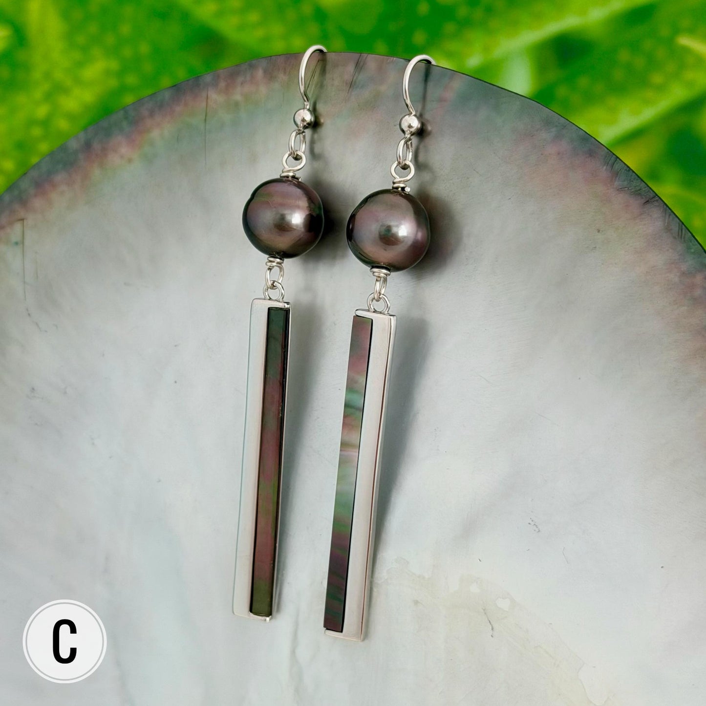 Tahitian Pearl dangle earrings • Shell inlay • Sterling silver
