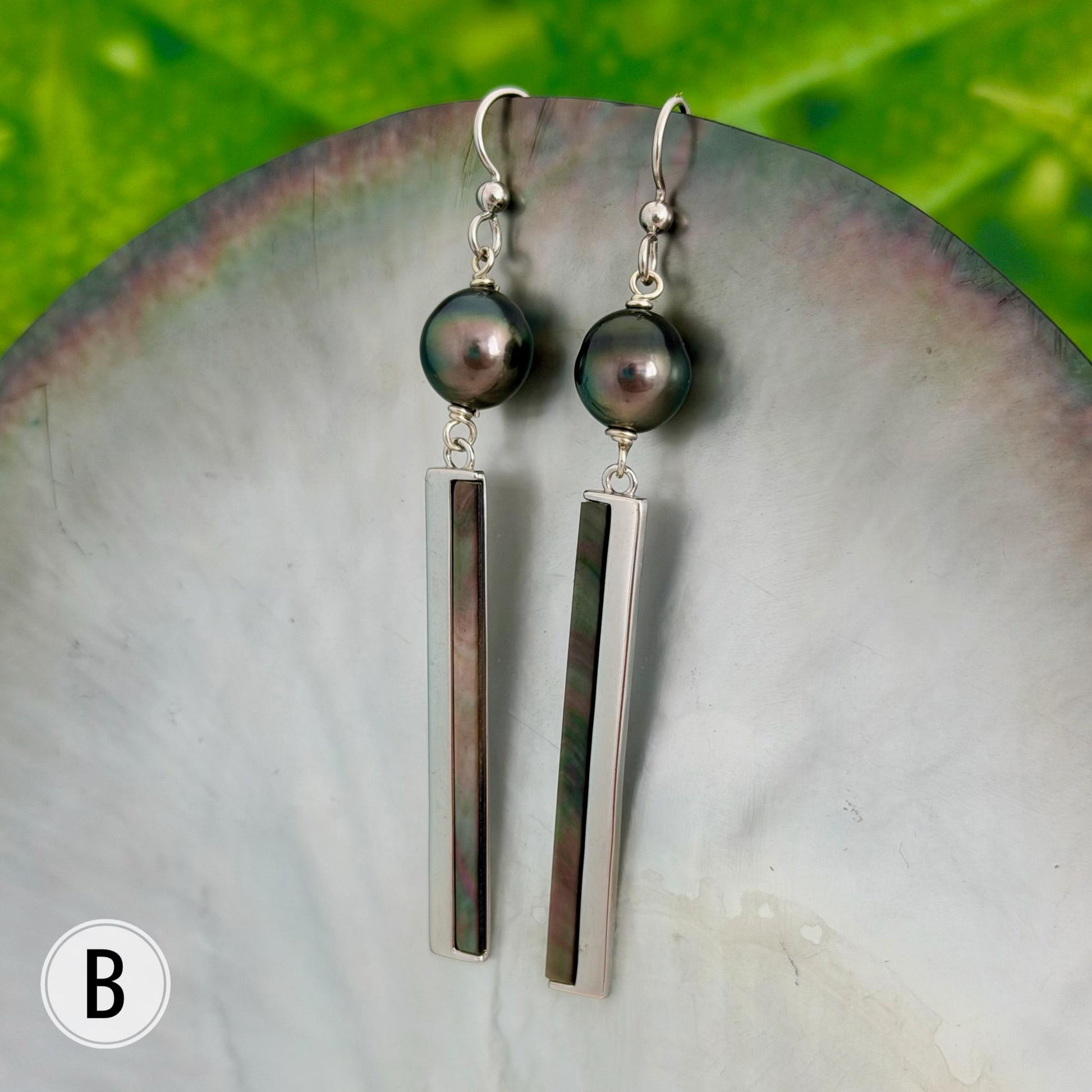 Tahitian Pearl dangle earrings • Shell inlay • Sterling silver