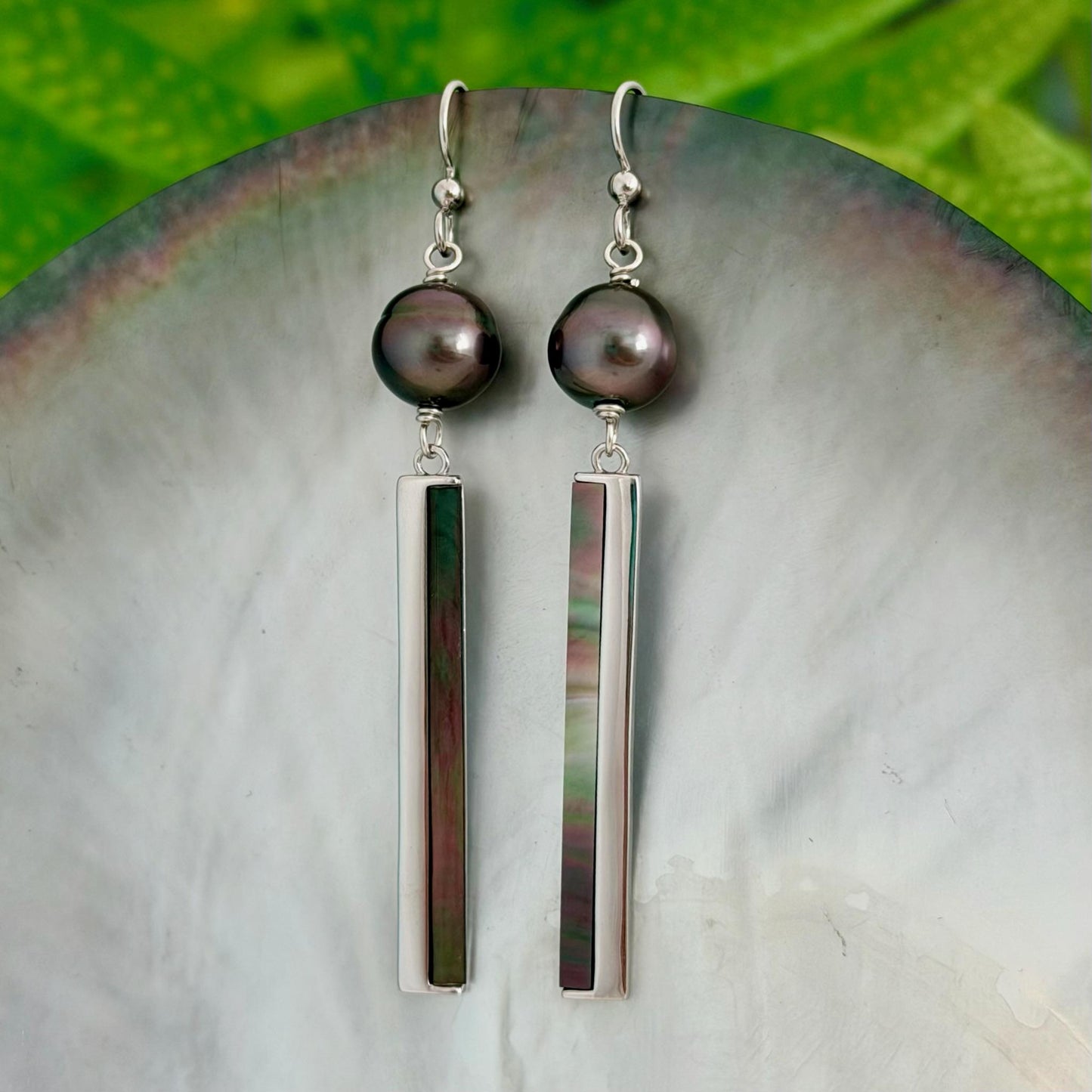 Tahitian Pearl dangle earrings • Shell inlay • Sterling silver