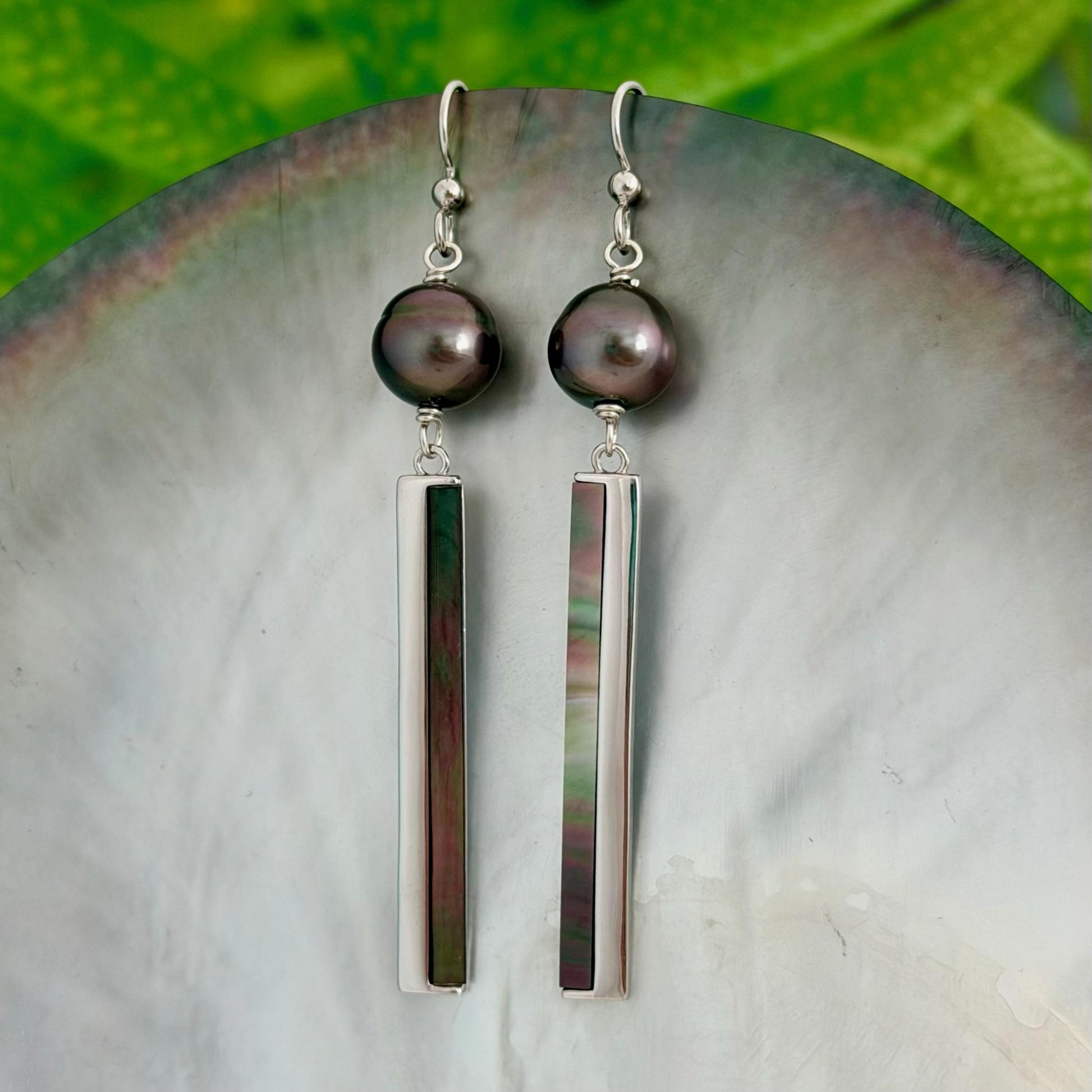 Tahitian Pearl dangle earrings • Shell inlay • Sterling silver