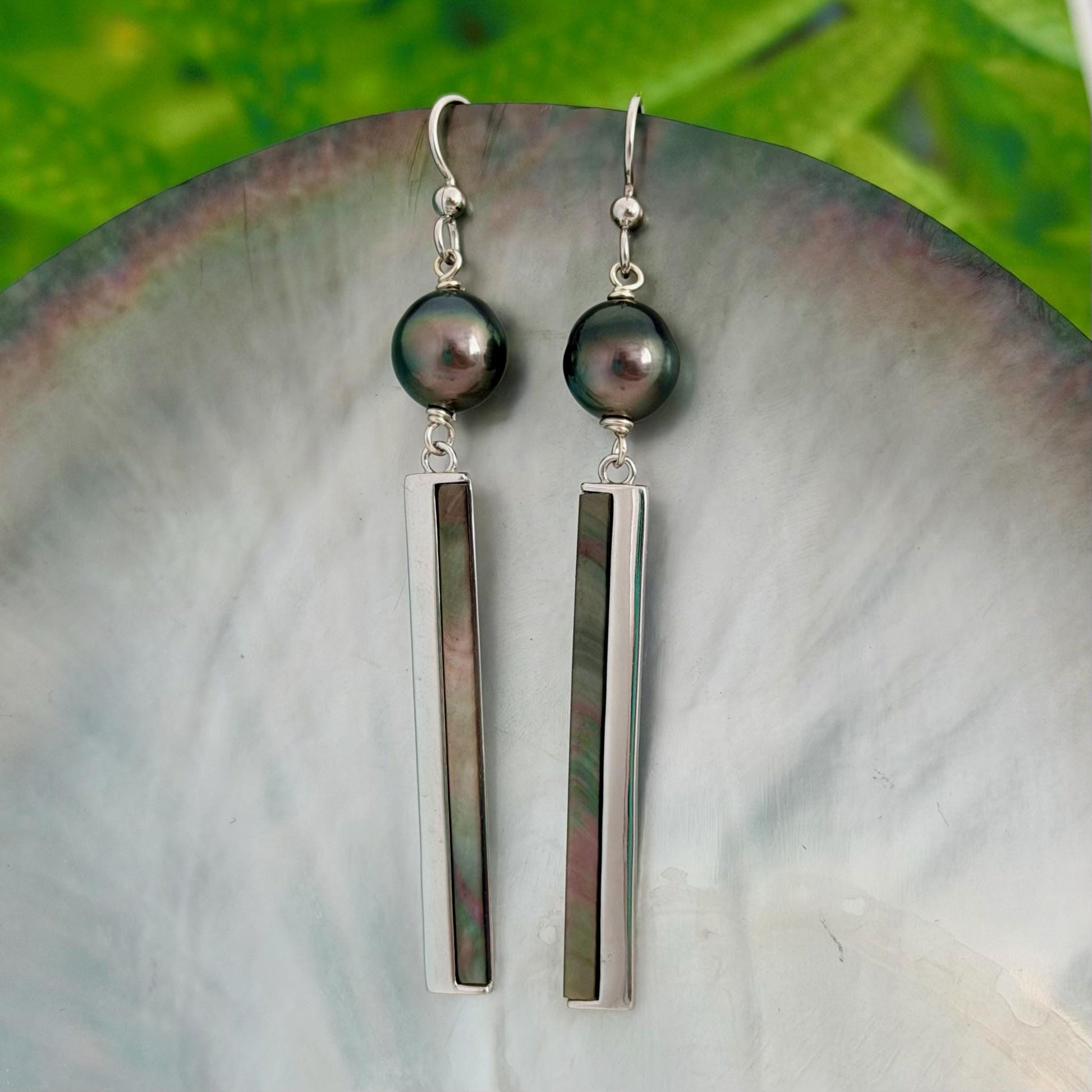 Tahitian Pearl dangle earrings • Shell inlay • Sterling silver