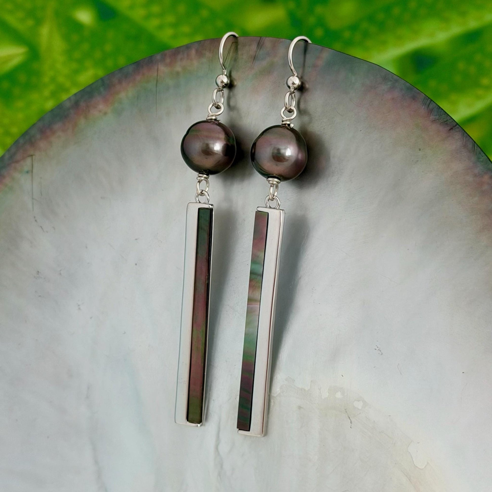 Tahitian Pearl dangle earrings • Shell inlay • Sterling silver