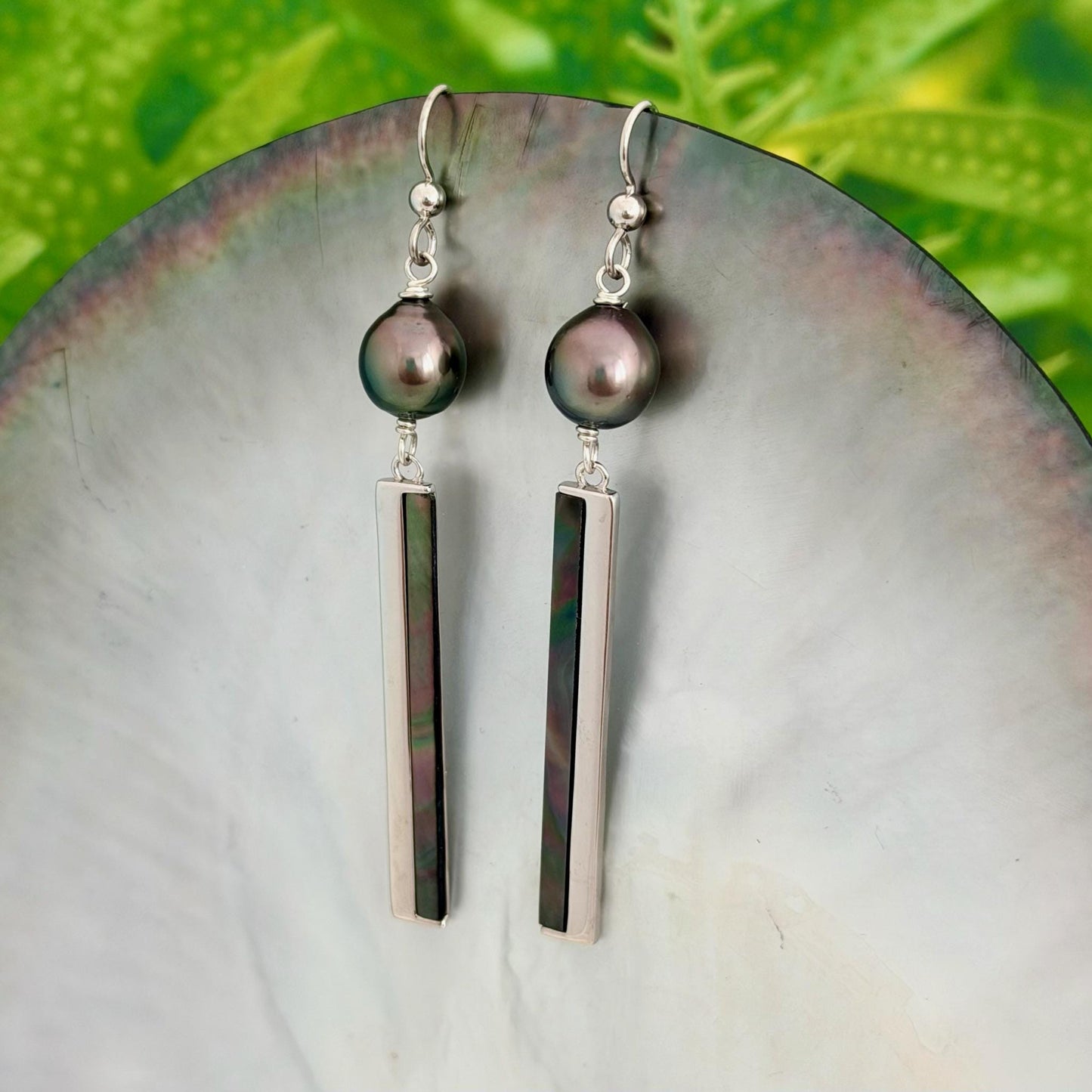 Tahitian Pearl dangle earrings • Shell inlay • Sterling silver
