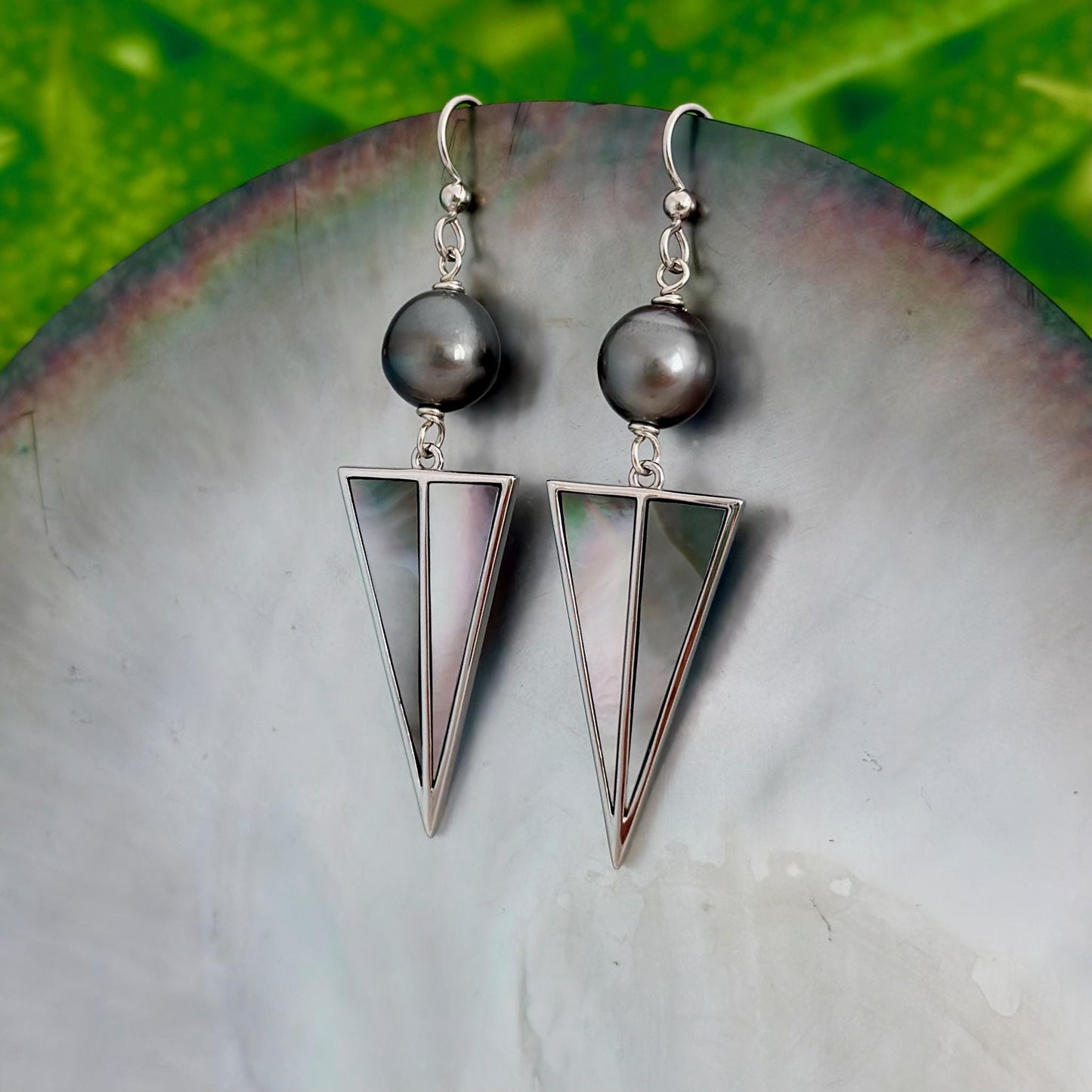 Tahitian Pearl Earrings with Mother of Pearl Inlay – Sterling Silver Dangle jewelry