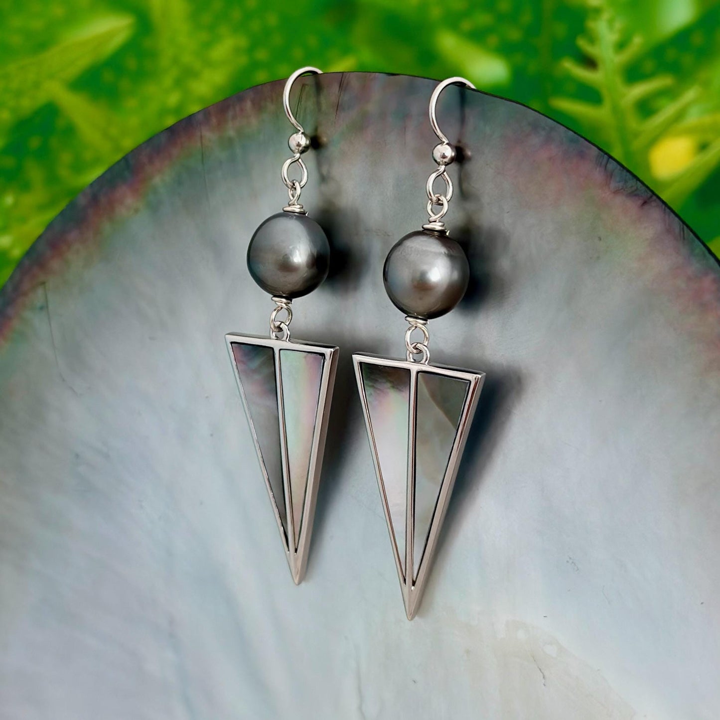 Tahitian Pearl Earrings with Mother of Pearl Inlay – Sterling Silver Dangle jewelry
