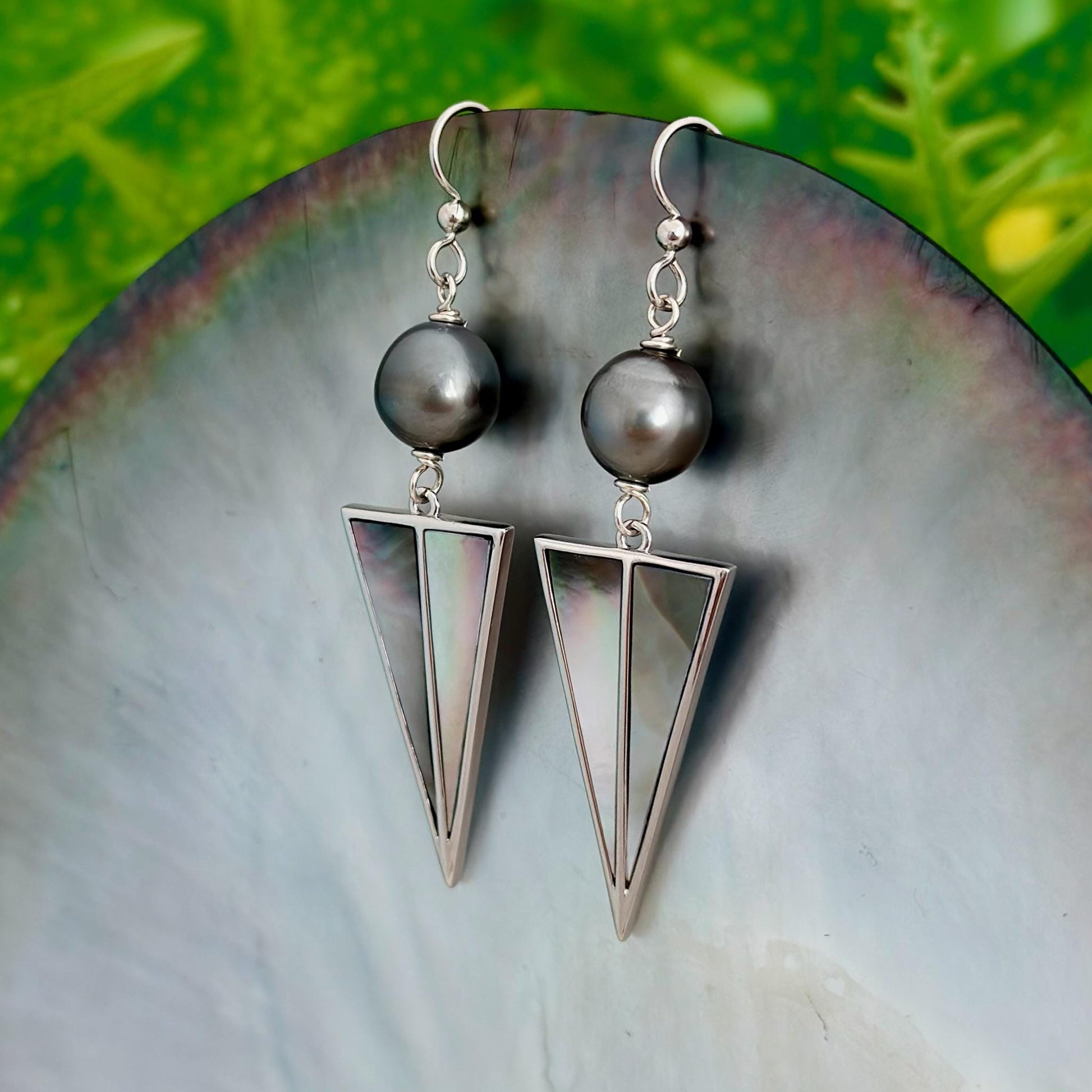 Tahitian Pearl Earrings with Mother of Pearl Inlay – Sterling Silver Dangle jewelry