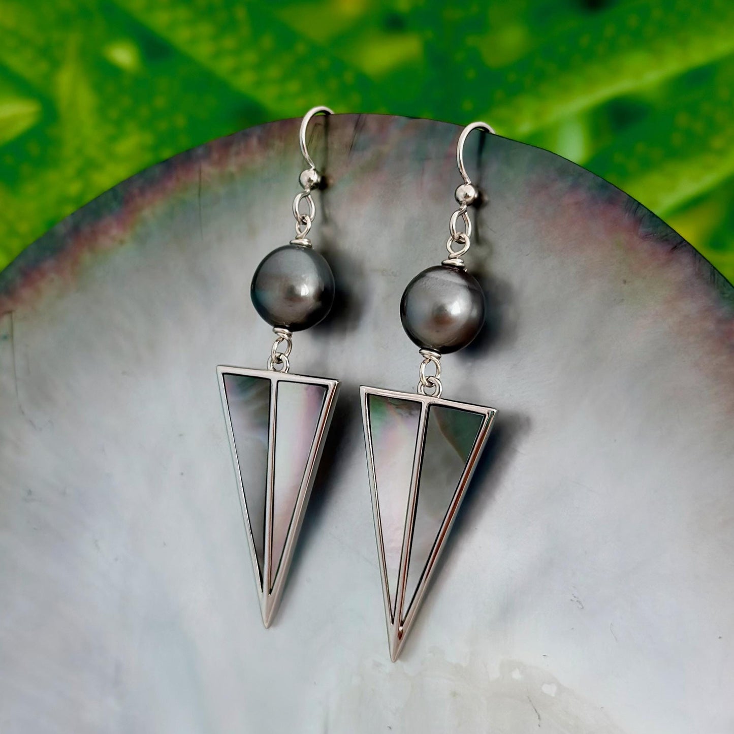 tahitian pearl earrings with mother of pearl shell inlay, in sterling silver