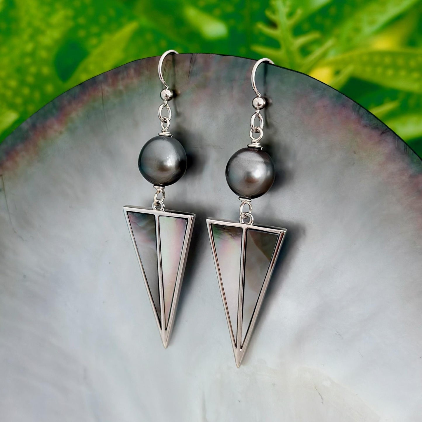 Tahitian Pearl Earrings with Mother of Pearl Inlay – Sterling Silver Dangle jewelry