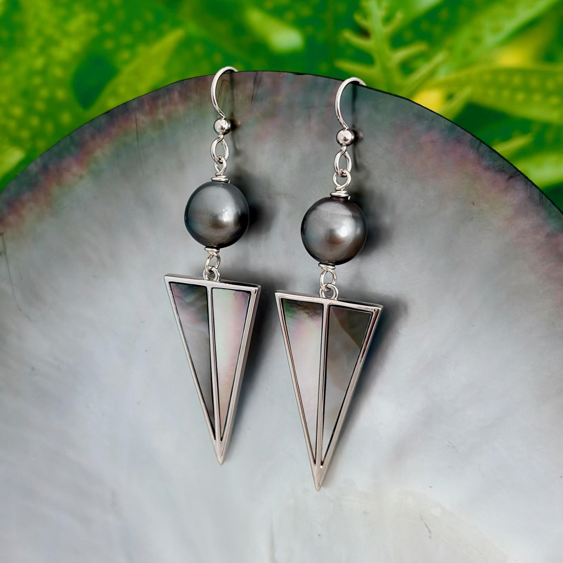 Tahitian Pearl Earrings with Mother of Pearl Inlay – Sterling Silver Dangle jewelry