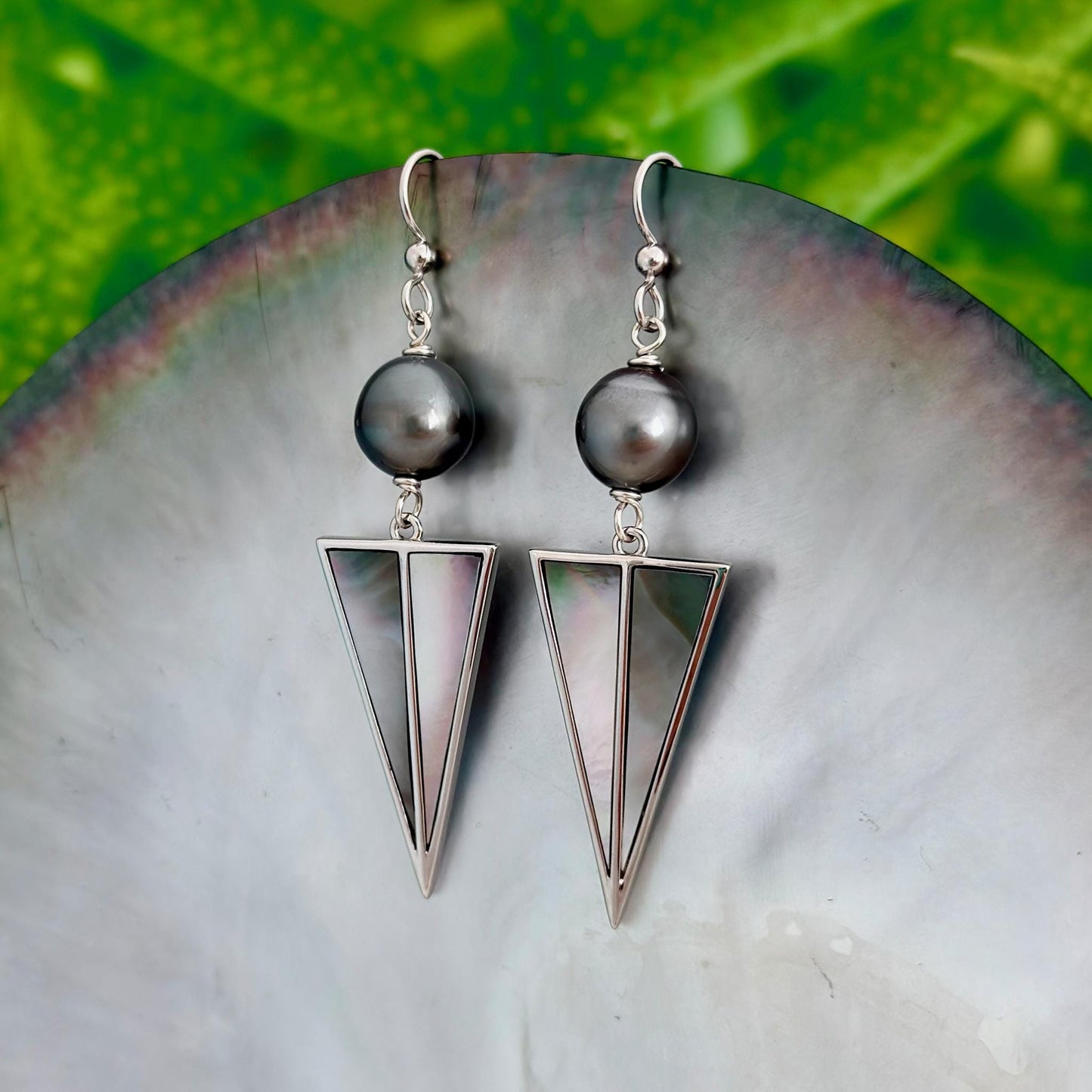 Tahitian Pearl Earrings with Mother of Pearl Inlay – Sterling Silver Dangle jewelry