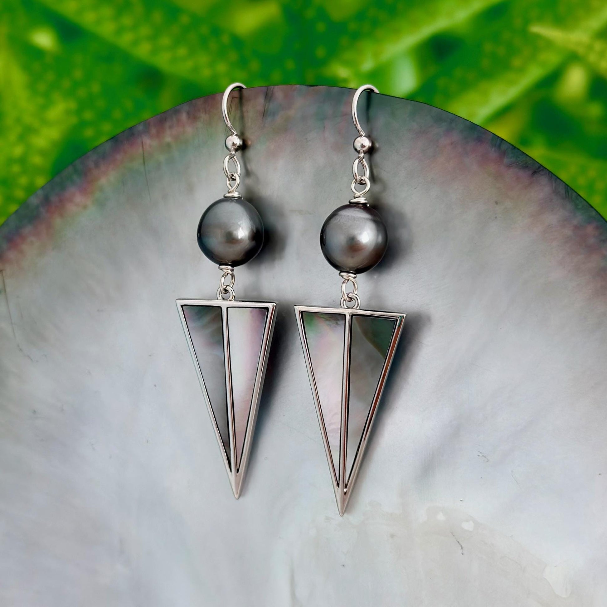 Tahitian Pearl Earrings with Mother of Pearl Inlay – Sterling Silver Dangle jewelry