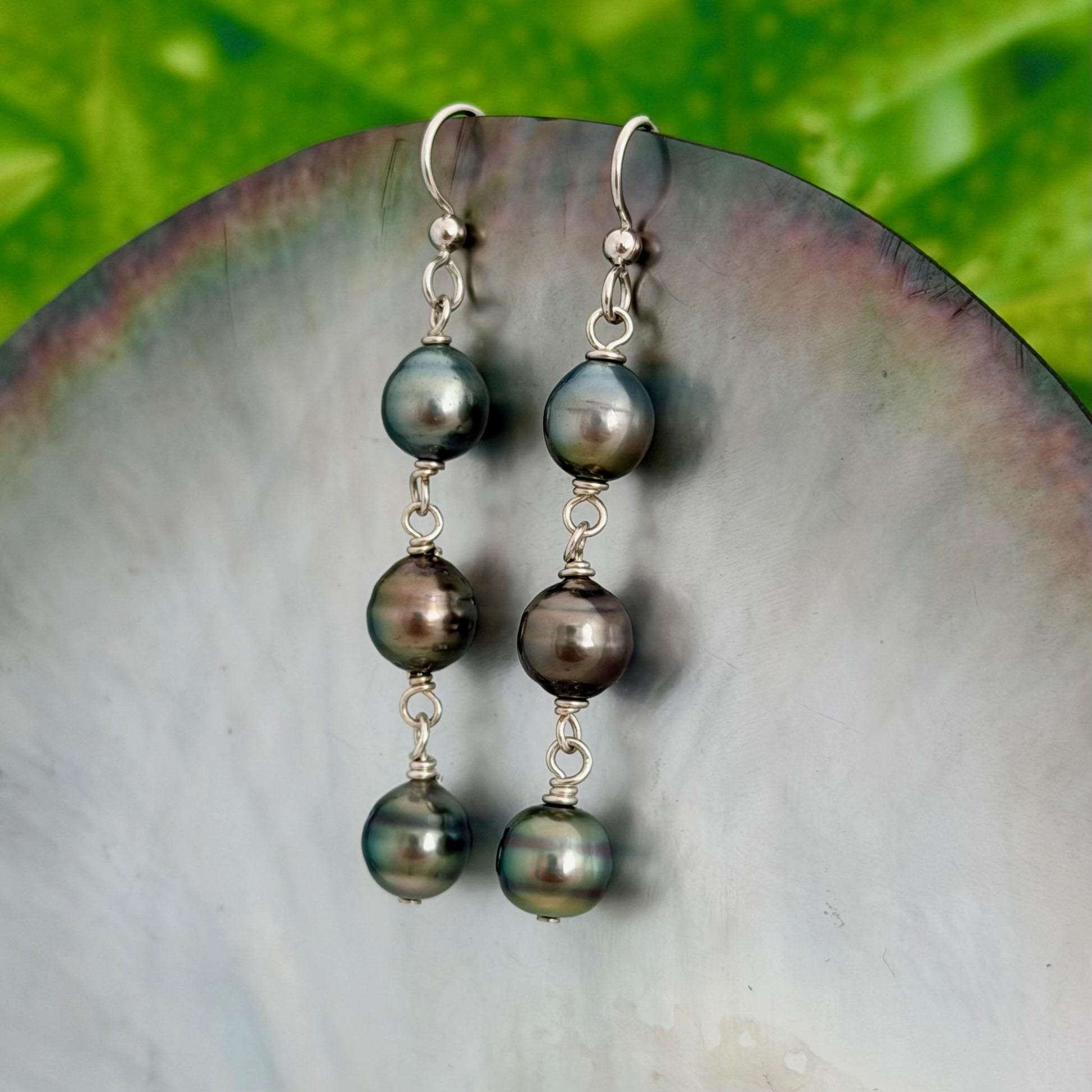 Tahitian Pearl Earrings • Triple Drop Dangle • Sterling silver Jewelry