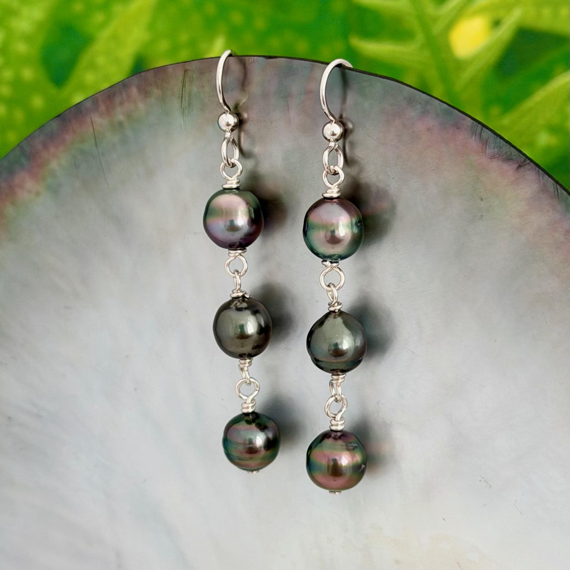 Tahitian Pearl Earrings • Triple Drop Dangle • Sterling silver Jewelry